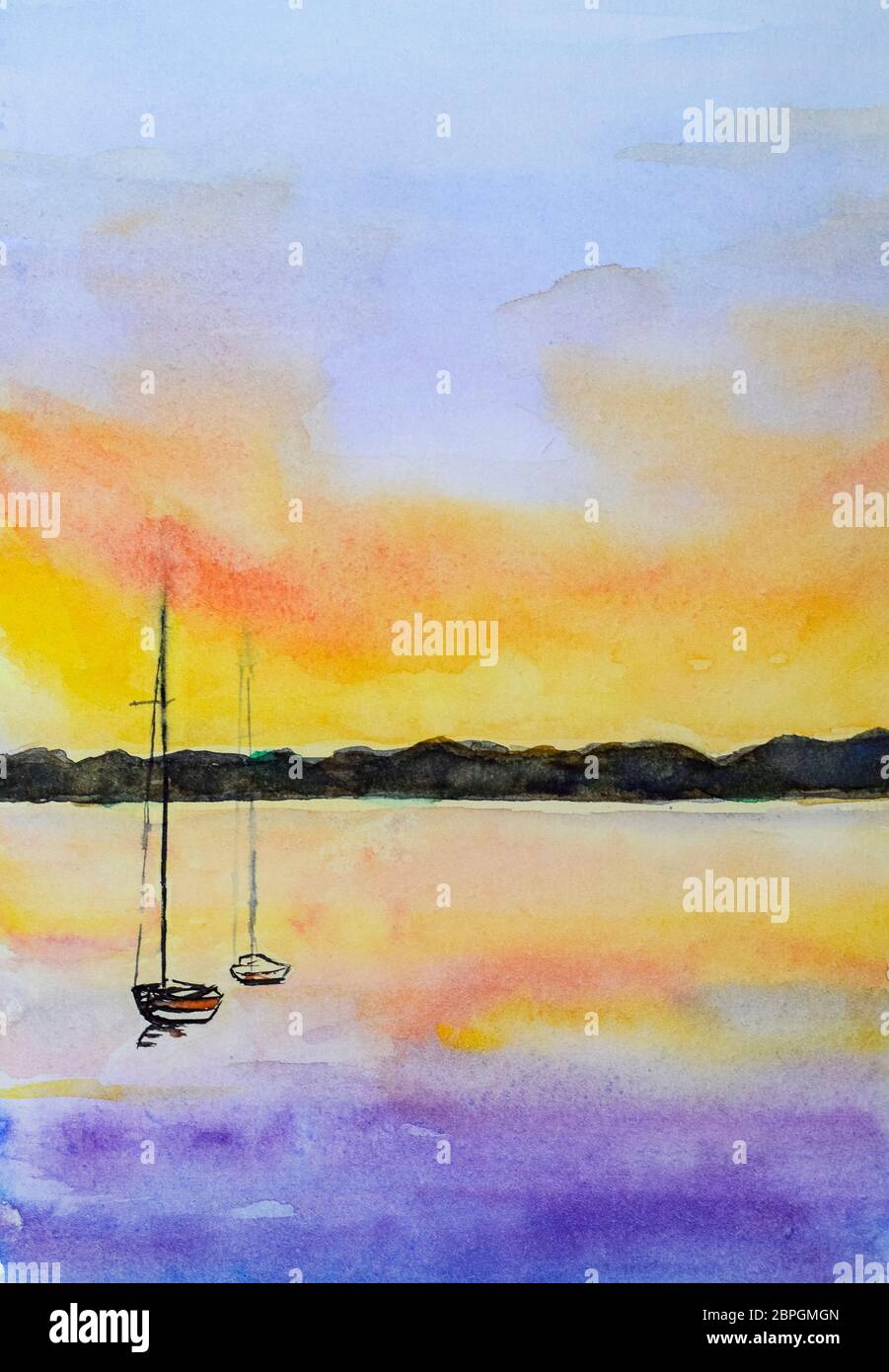 Boats with a filmed sail in the bay against the background of sunset. Painting with watercolor. Stock Photo