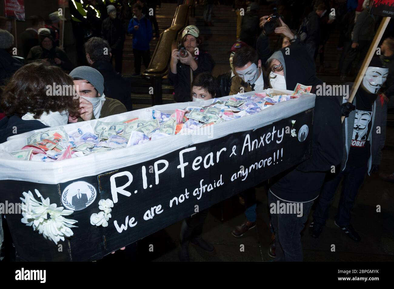 The 'Million Mask March' sees protests wearing V for Vendetta-style Guy Fawkes masks and demonstrating against austerity, the infringement of civil ri Stock Photo