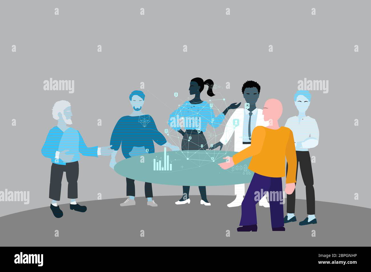 Briefing and live conference. Workflow , a group of people stands near a table and discusses the project. Stock Vector