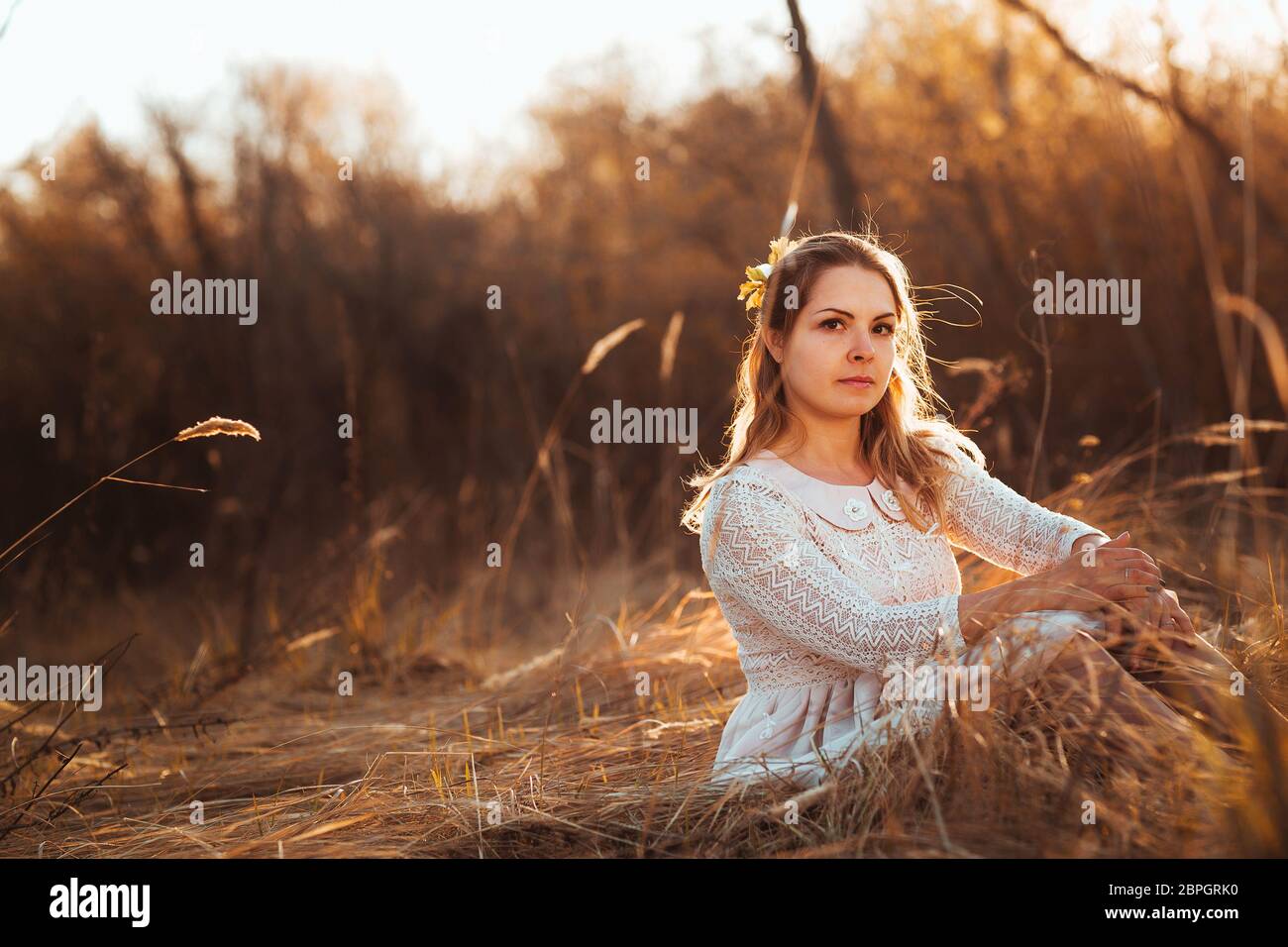 girl is sitting in the field on the sunset background Stock Photo - Alamy