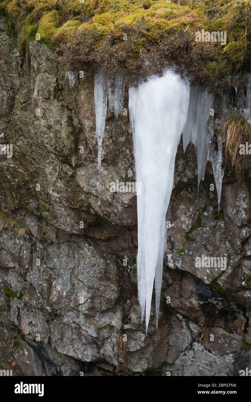 Winter waterfall details, Pistyll Rhaeadr, Powys, Wales. Stock Photo