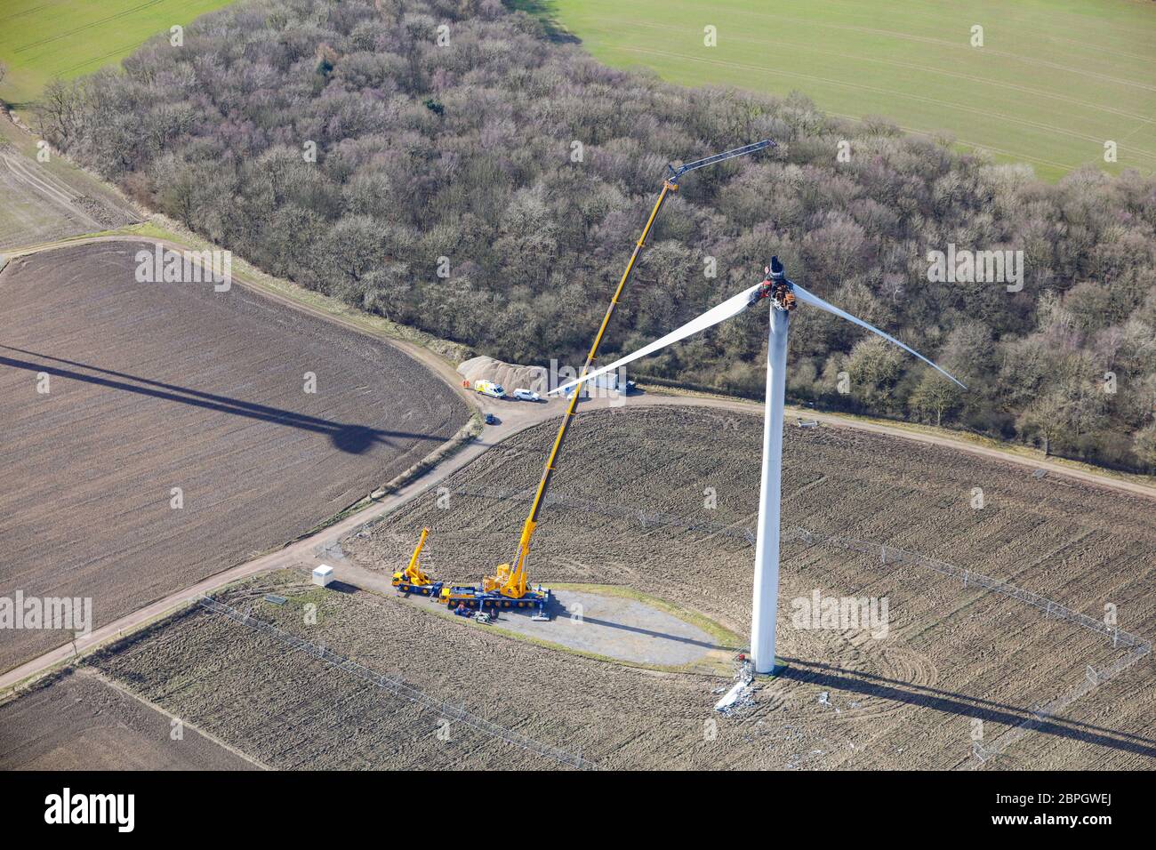 Aerial View of Wind Turbine Damage near A689 Road Stock Photo