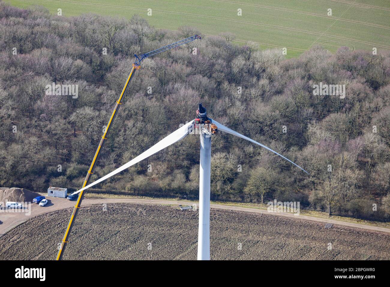 Aerial View of Wind Turbine Damage near A689 Road Stock Photo