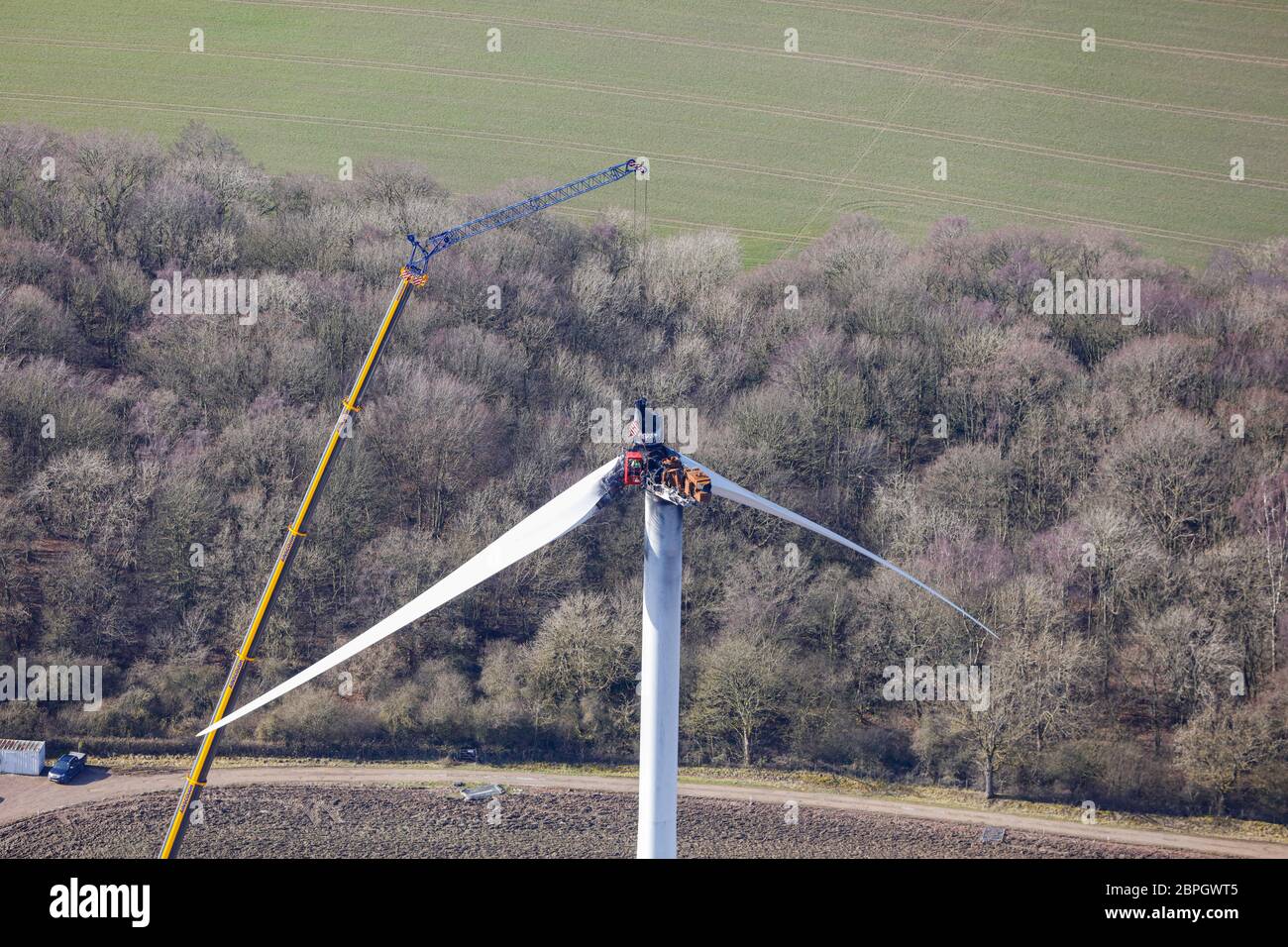 Aerial View of Wind Turbine Damage near A689 Road Stock Photo