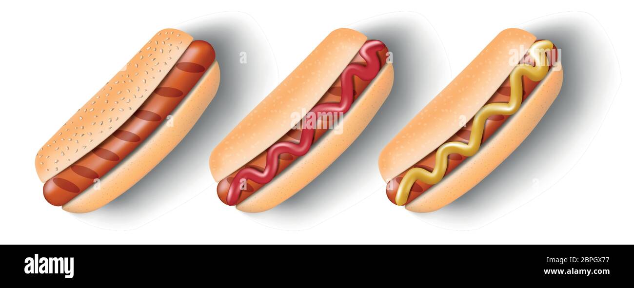 Grilled Hot Dog with mustard and ketchup isolated on white. Hot dog for poster, menu or brochure. Unhealthy fast food concept. vector illustration Stock Vector