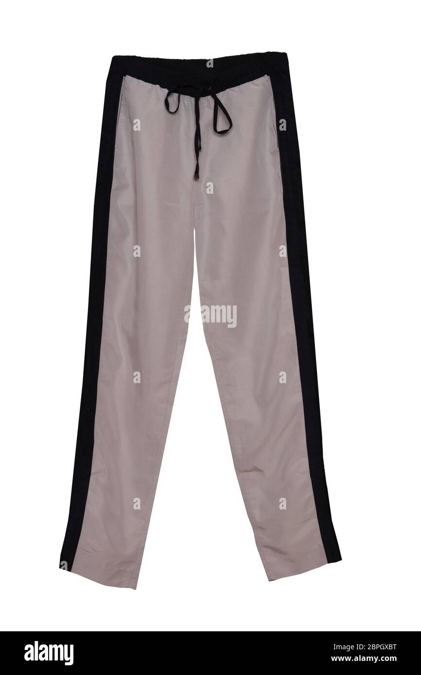 Sweatpants isolated. A loose black and brown, warm trousers with an elasticized or drawstring waist, worn when exercising or as leisurewear. Stock Photo