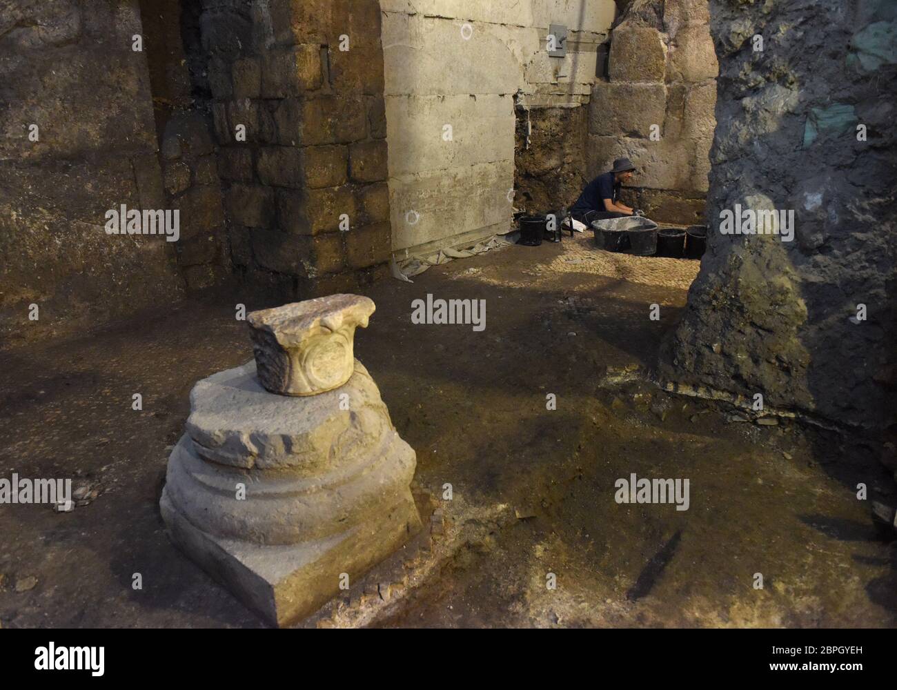 Jerusalem, Israel. 19th May, 2020. The base of a column from the late Byzantine Period stands in a room unearthed by the Israel Antiquities Authority on Tuesday, May 19, 2020, in the Old City of Jerusalem. Archeologists have discovered an unique subterranean system in the bedrock of the Second Temple Period beneath a 1400 year-old public building in the underground excavations under the Western Wall. Photo by Debbie Hill/UPI Credit: UPI/Alamy Live News Stock Photo