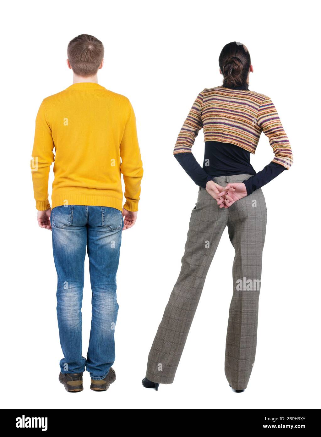 Back view couple in sweater. beautiful man and woman. Rear view people ...