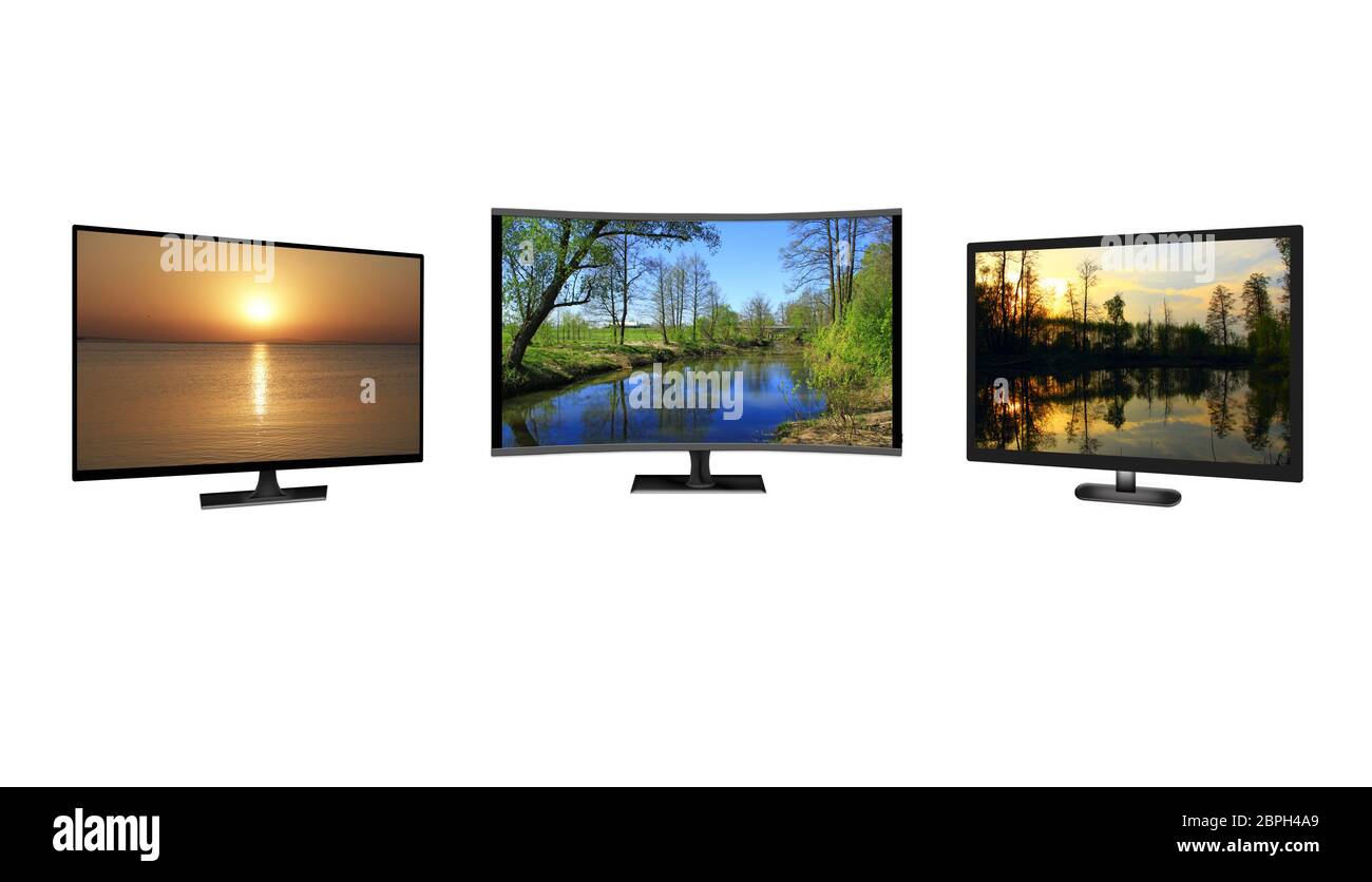 Television monitors isolated on white background. Full HD TV. LCD Television. TV monitors showing images of nature. 4k monitor isolated on white. Flat Stock Photo