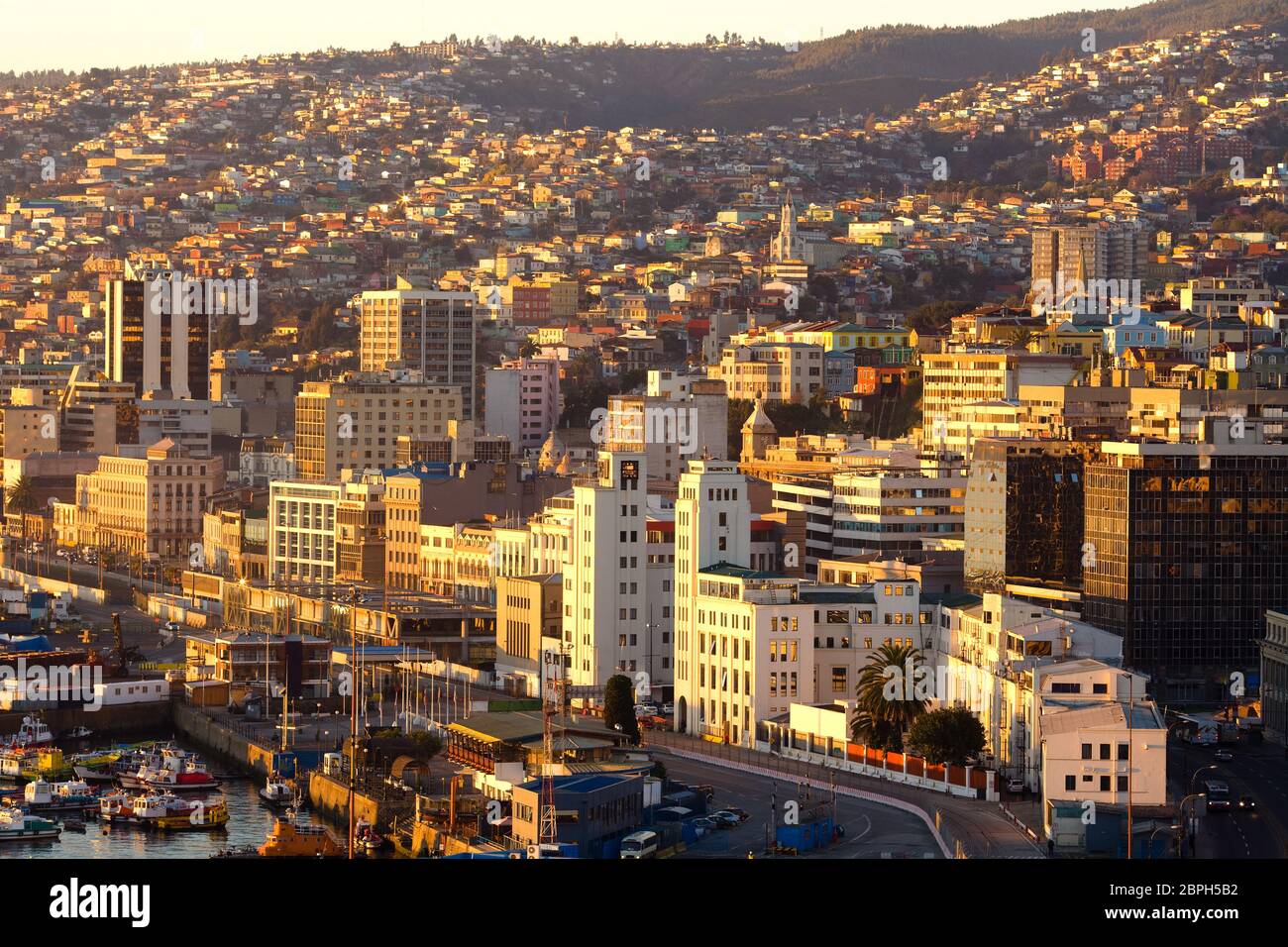 Hills and waterfront of Valparaiso, Valparaiso Region, Chile, South America Stock Photo
