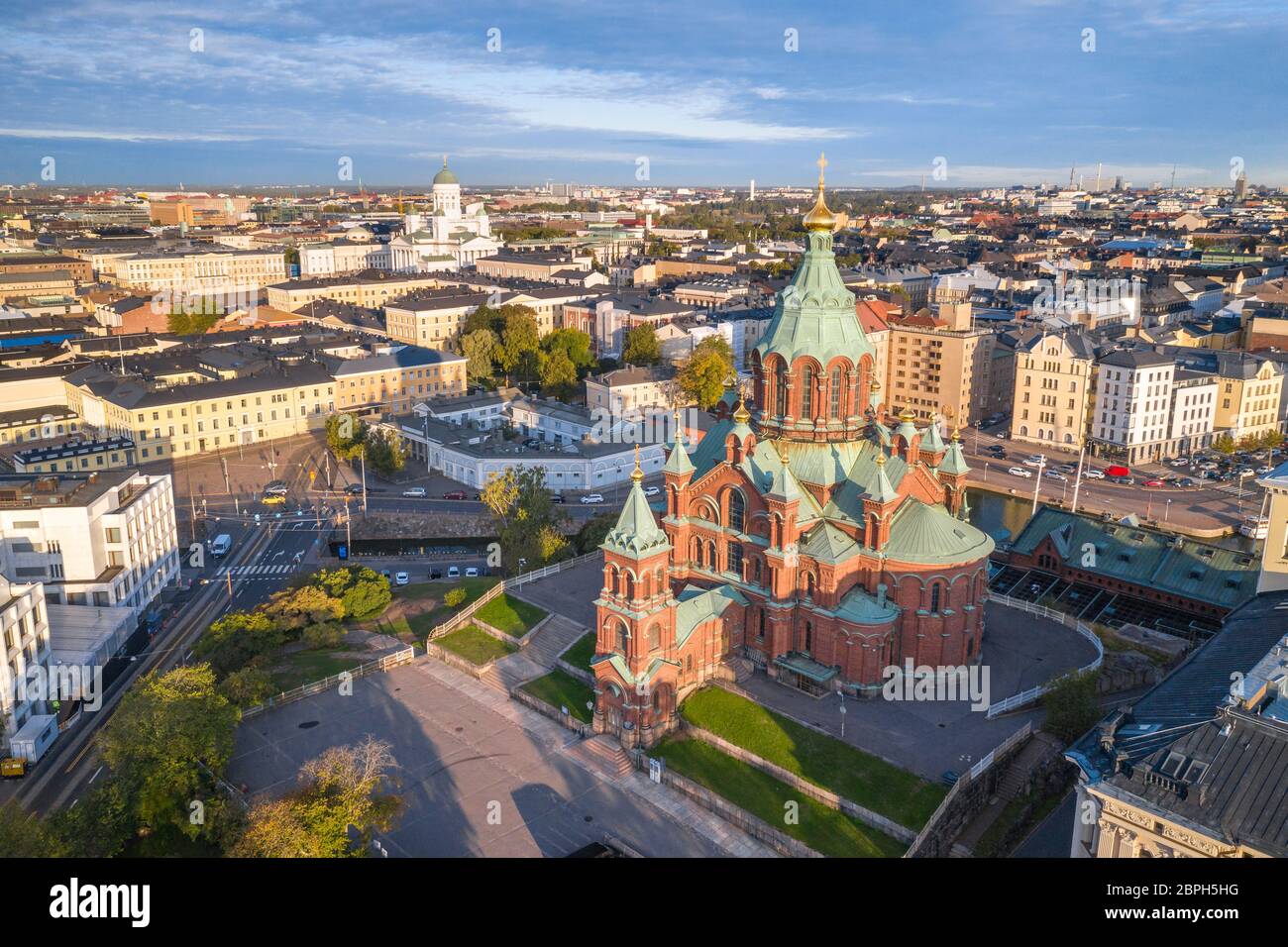 Aerial view of Uspenski Cathedral and Helsinki city skyline in summer. Finland. Stock Photo