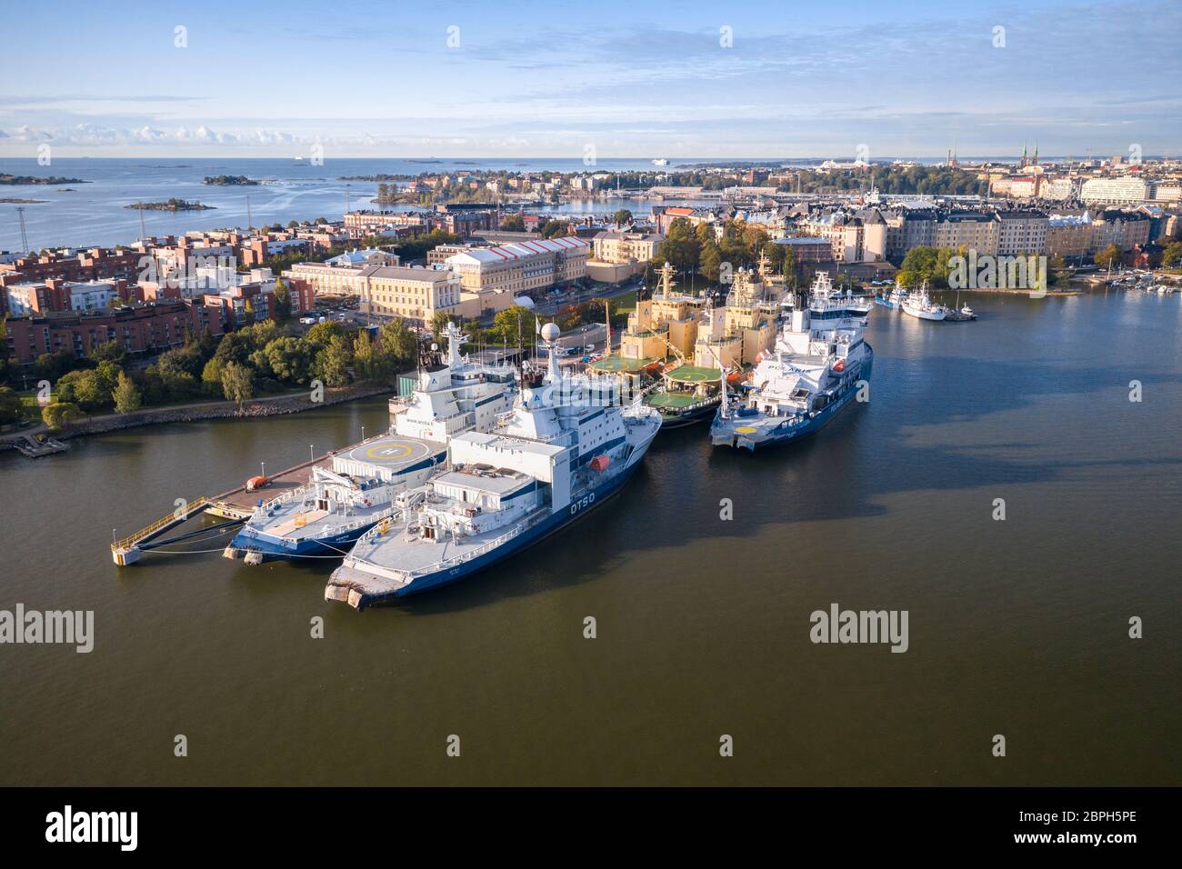 Finnish Icebreaker vessels moored on a dock in Helsinki, Finland in summer. Stock Photo