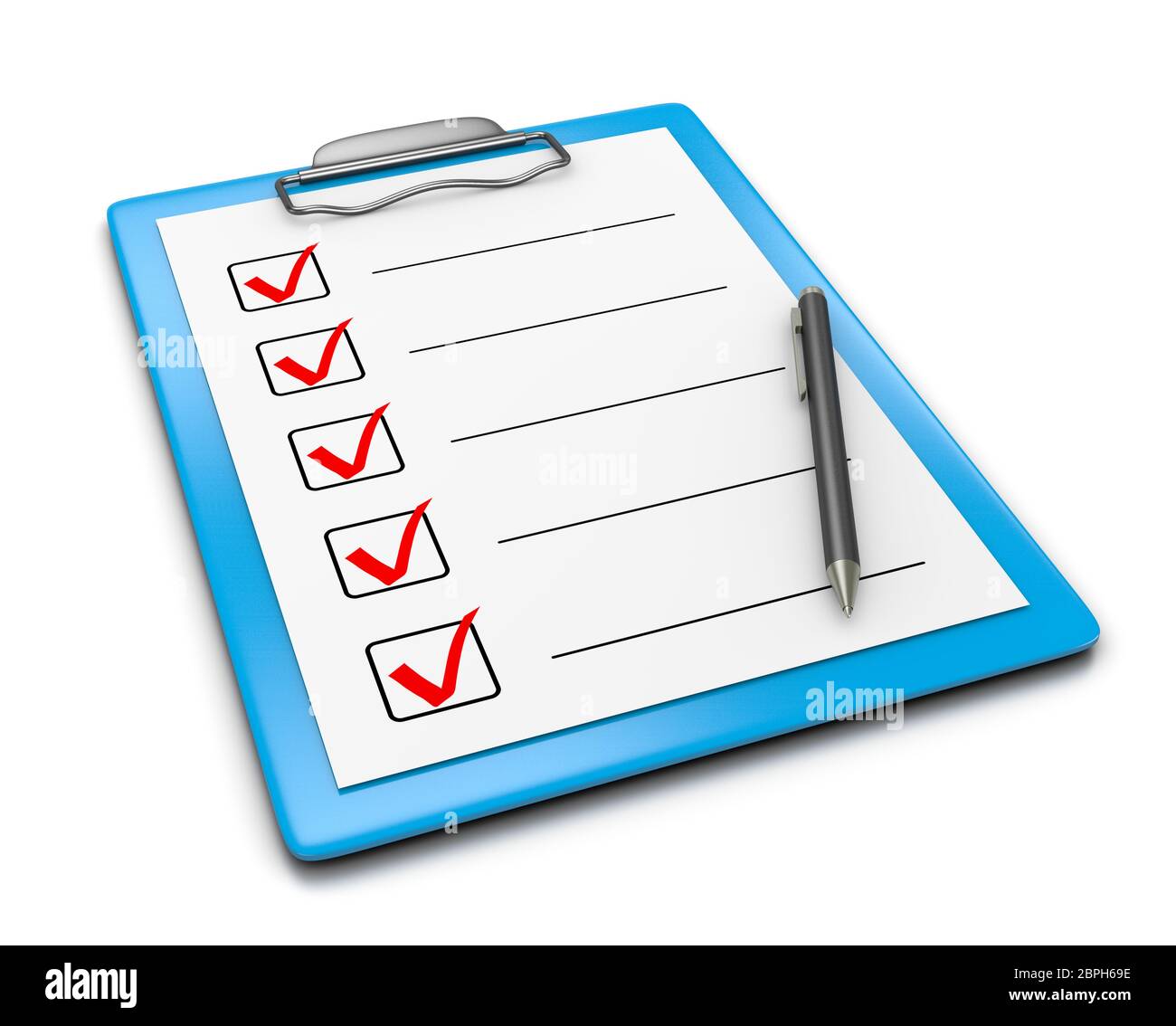 Blue Clipboard with Checklist Paper and a Black Ball-point Pen on White ...