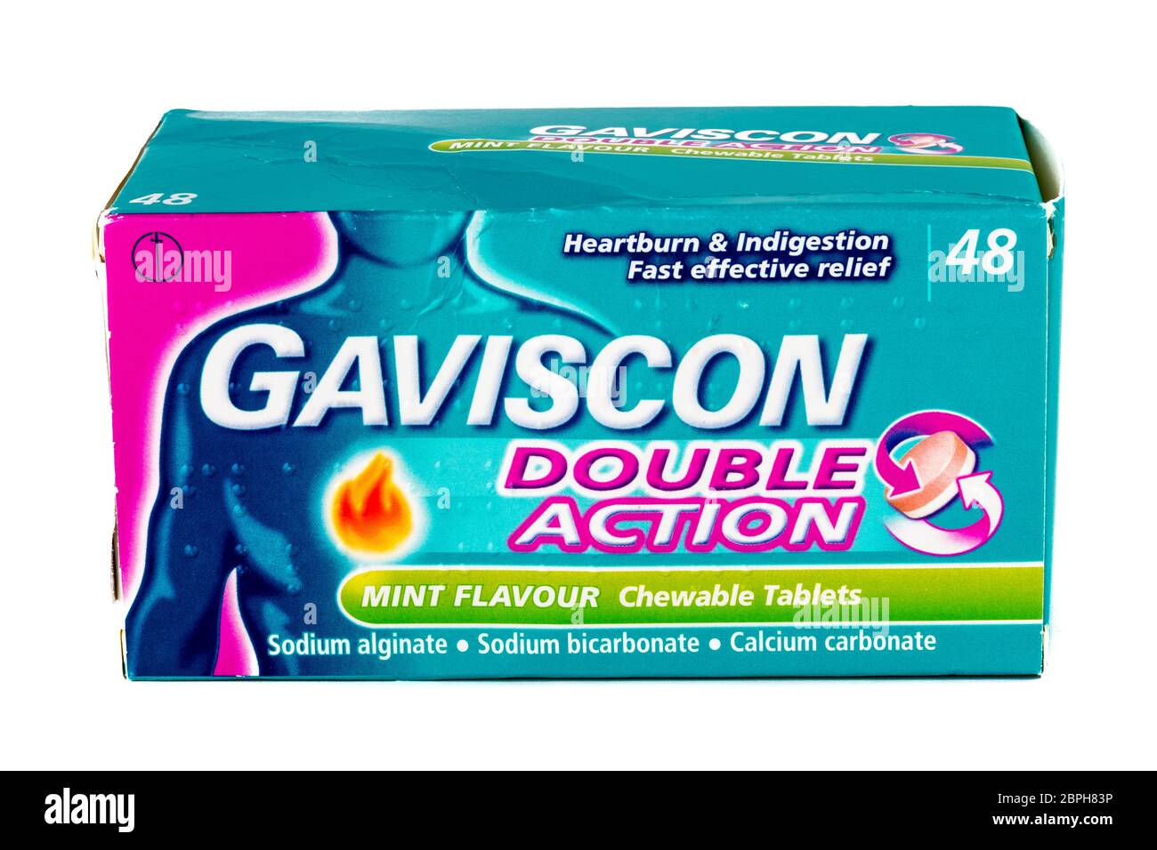 Gaviscon double action tablets, Gaviscon tablets, Gaviscon heartburn tablets, Gaviscon indigestion tablets, sodium bicarbonate, sodium alginate, Stock Photo
