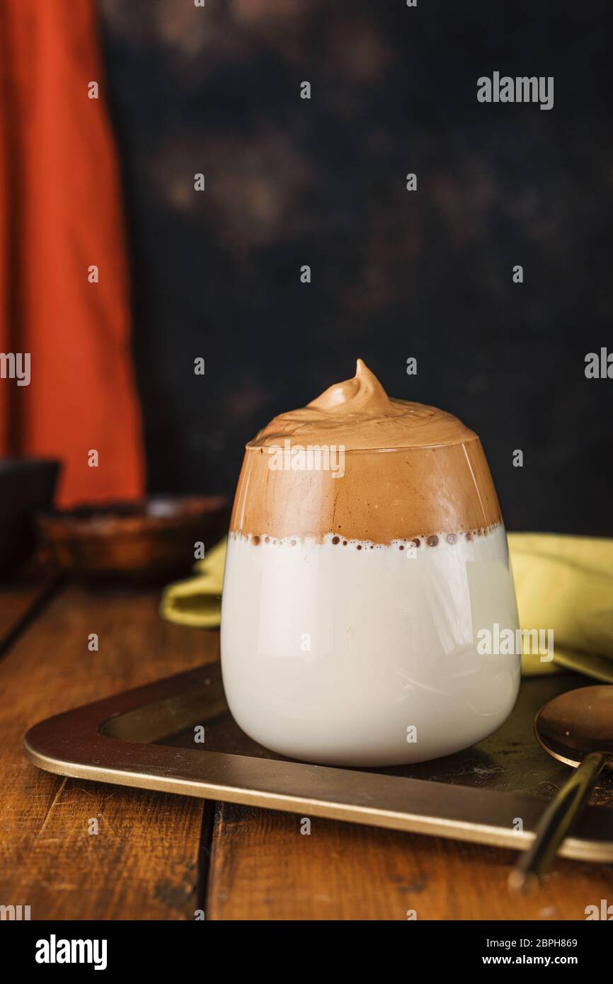A glass of trendy instant whipped coffee Dalgona Stock Photo