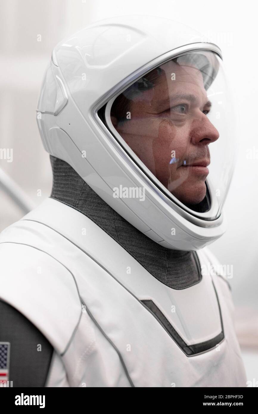 NASA astronaut Robert Behnken, pictured here on January 13, 2020, will launch to the International Space Station on the Demo-2 mission. SpaceX and NASA are targeting May 27 for Falcon 9's launch of Crew Dragon's second demonstration mission (Demo-2) from historic Launch Complex 39A at NASA's Kennedy Space Center in Florida as part of NASA's Commercial Crew Program. NASA astronauts Bob Behnken and Doug Hurley will be the first two NASA astronauts to fly onboard the Dragon spacecraft to and from the International Space Station, which will return human spaceflight to the United States since the S Stock Photo