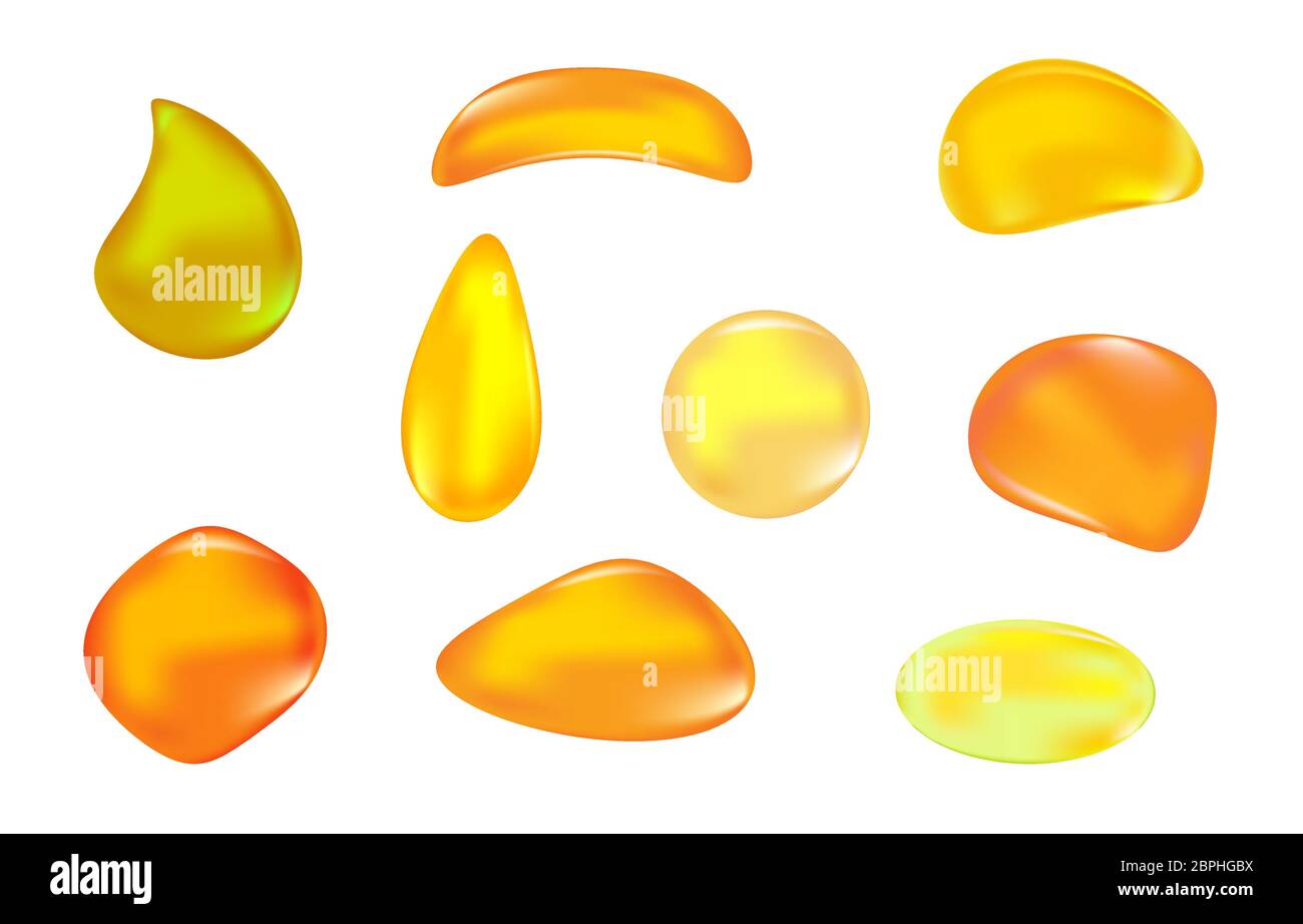 Amber stone isolated on white background. Collection of honey drops.Golden liquid essence, oil, gemstone or lubricant. Petrous resin for design.Vector Stock Vector