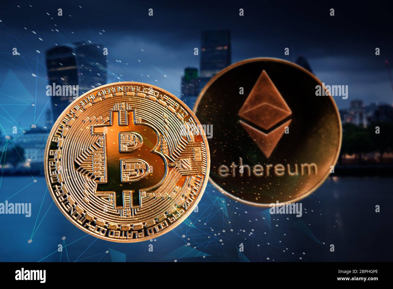 bitecoin, litecoin, ethereum against skyscrapers - futuristic smart city -  cryptocurrency transactions concept Stock Photo - Alamy