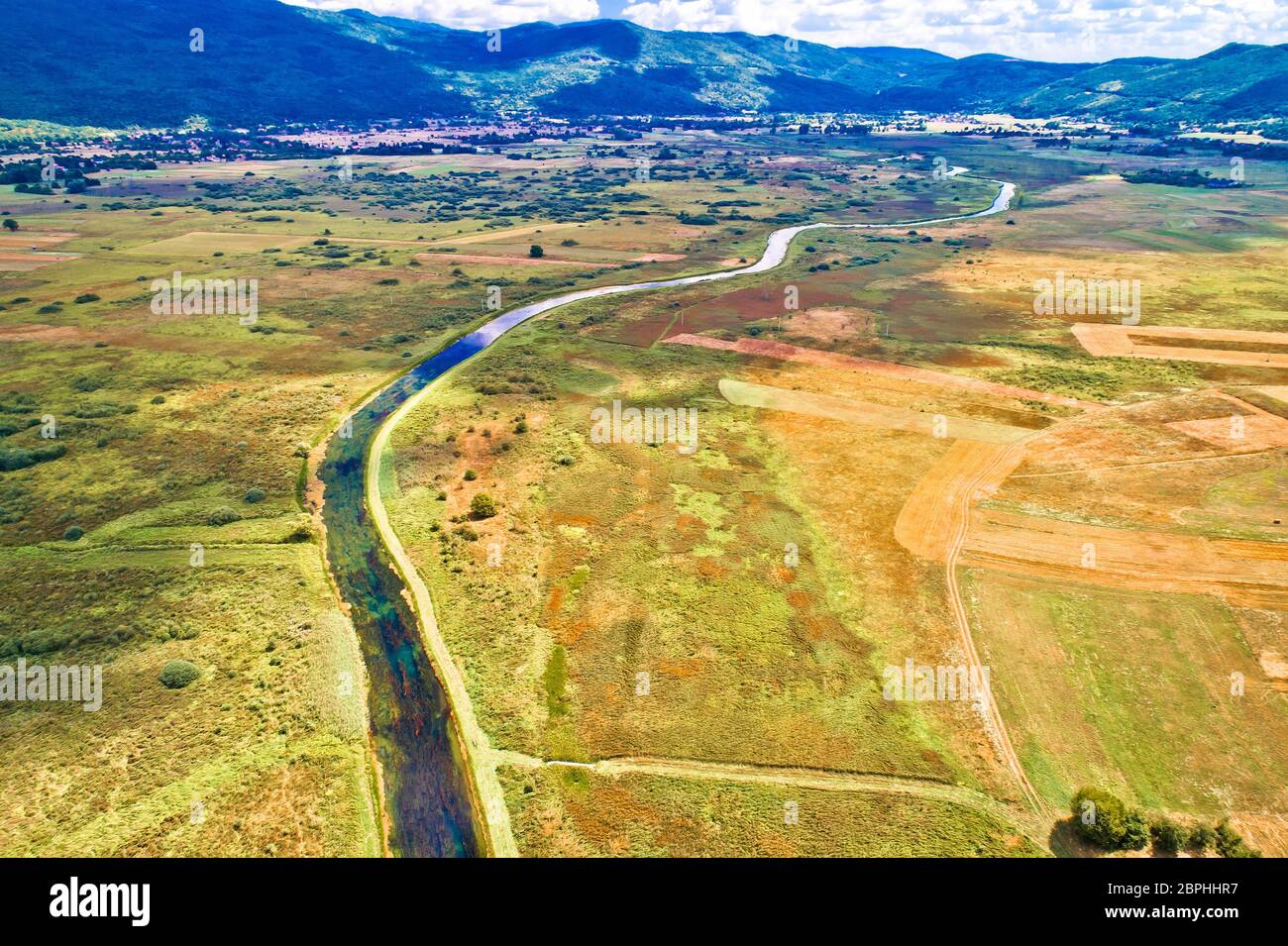 Colorful Gacka valley field and river aerial summer view, Lika region of Croatia Stock Photo