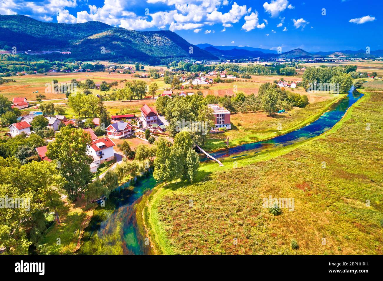 Colorful Gacka valley field and river aerial summer view, Lika region of Croatia Stock Photo