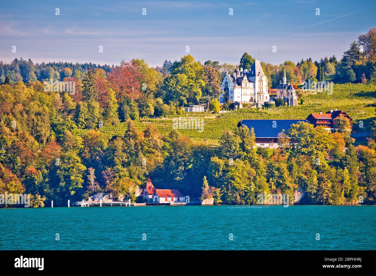 Meggenhorn Castle and idyllic lake Luzern landscape view, central Switzerland Stock Photo