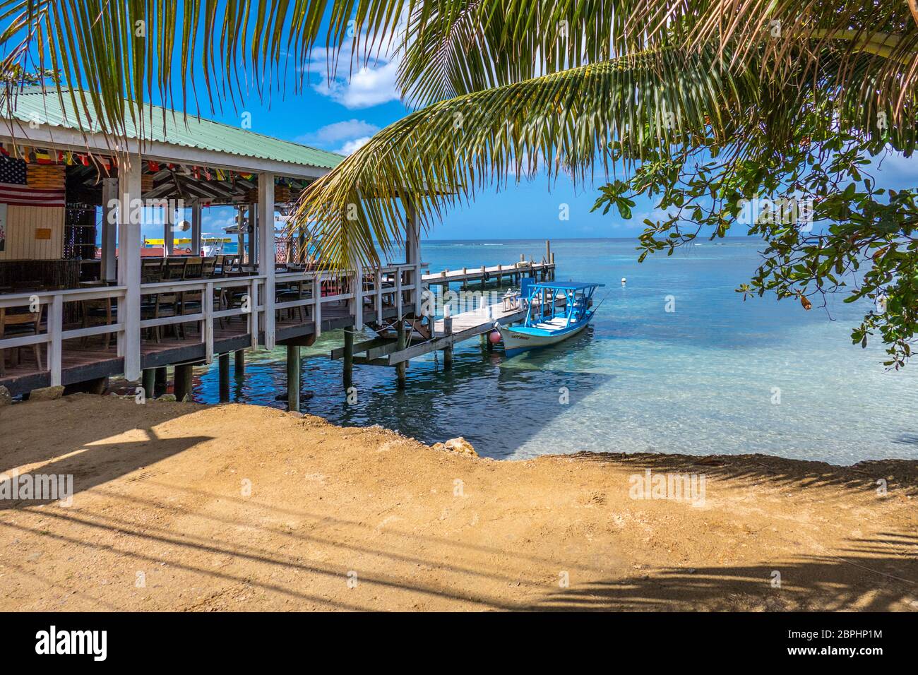 Beach restaurant at Westend Roatan, Honduras Stock Photo