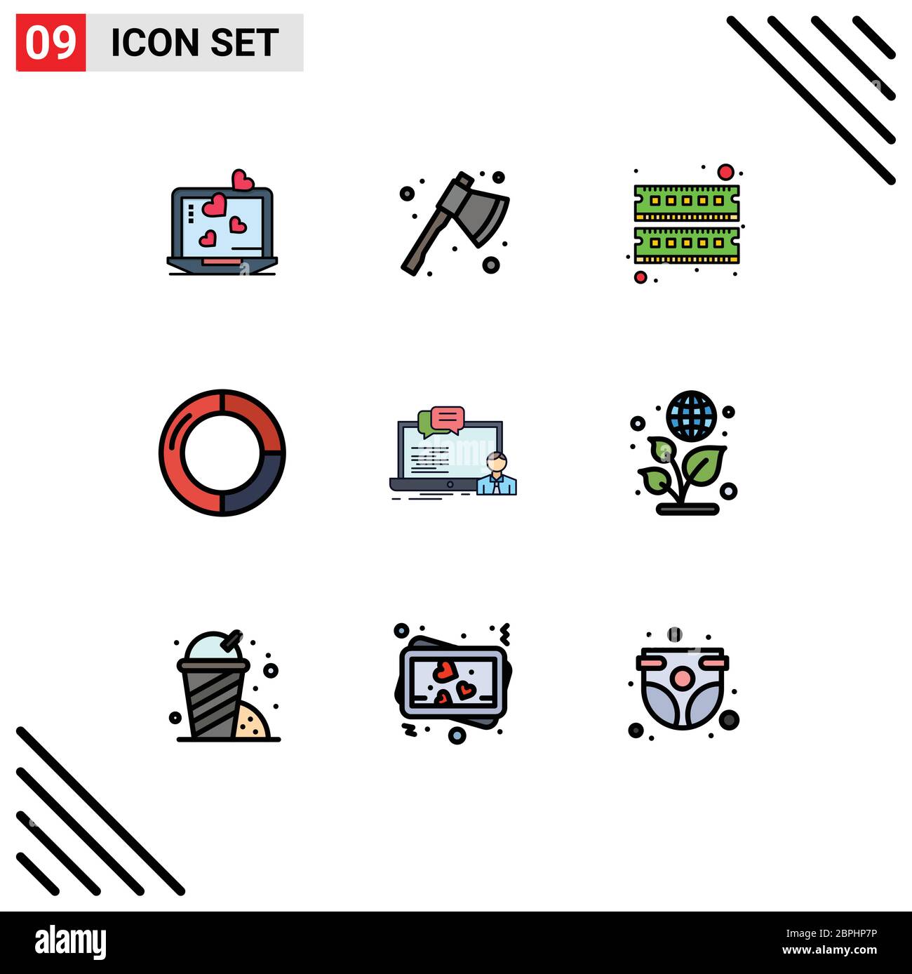 9 User Interface Filledline Flat Color Pack of modern Signs and Symbols of course, pie, computer, finance, business Editable Vector Design Elements Stock Vector