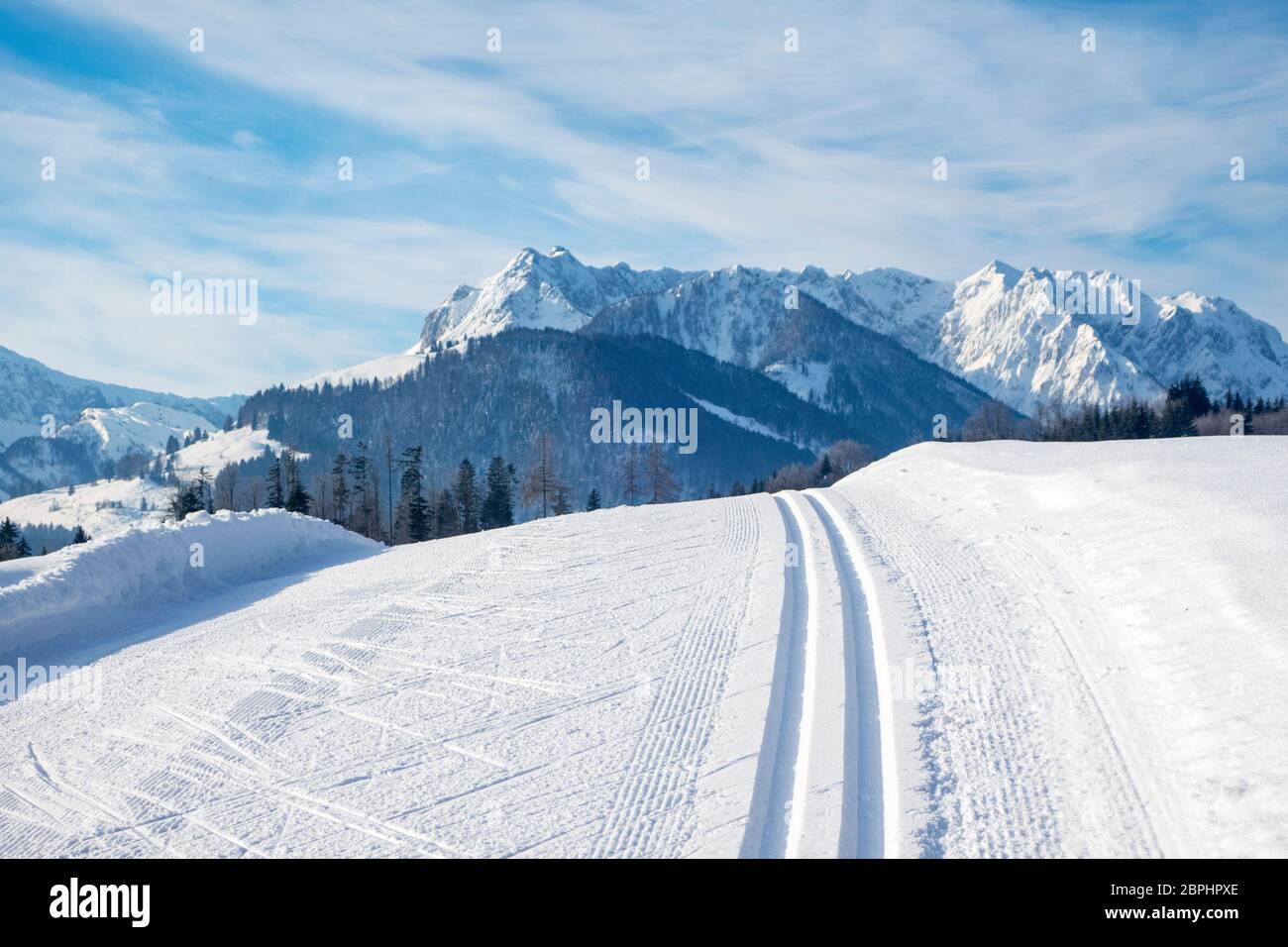 cross country ski track and the Kaiser Stock Photo