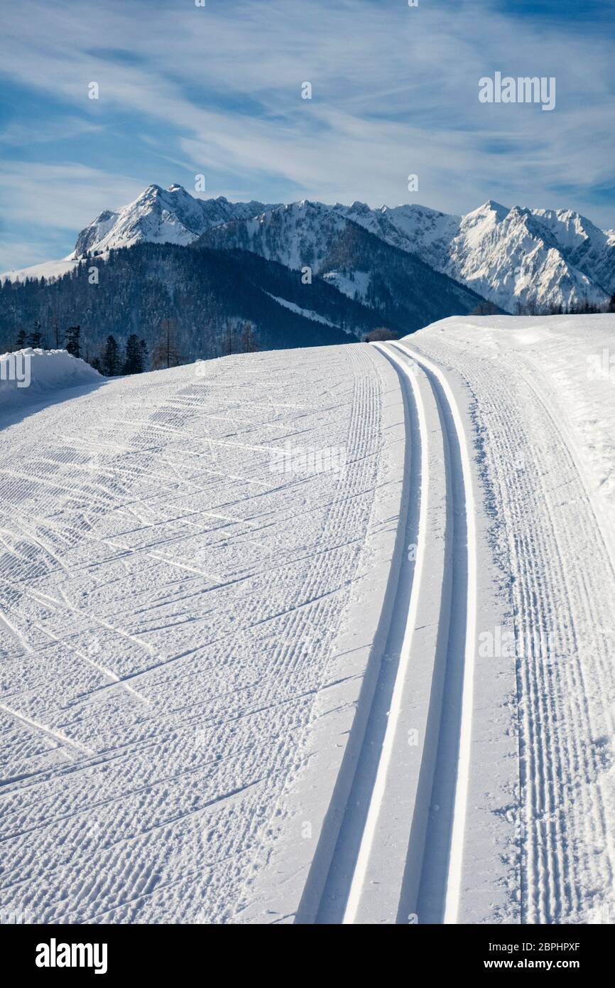 cross country ski track and the Kaiser Stock Photo