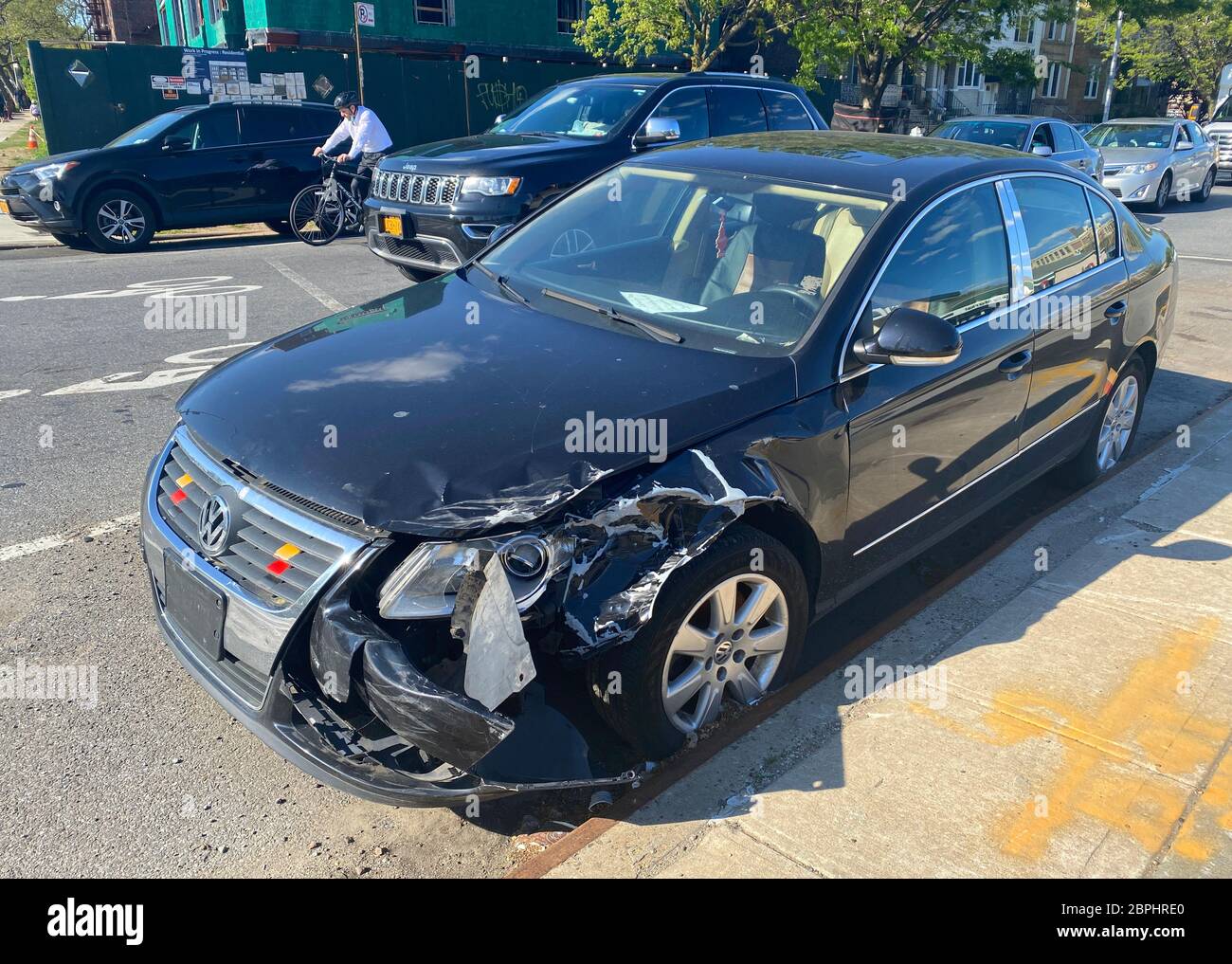 Automobile that was in a fender bender parked on the street in Brooklyn