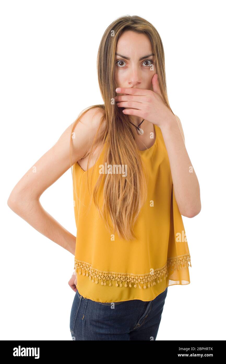 beautiful young surprised woman. Isolated over white Stock Photo - Alamy
