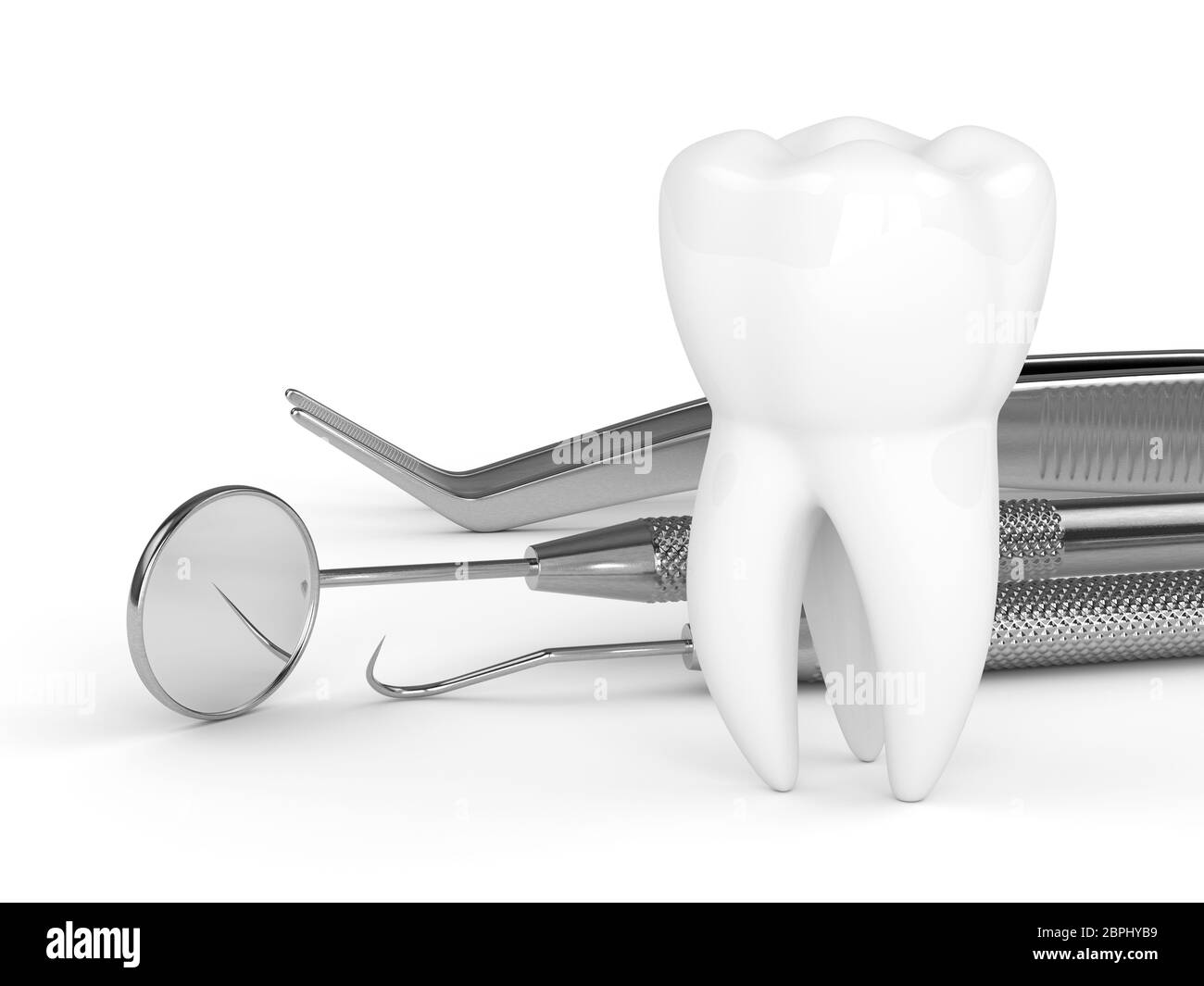 3d render of tooth and dental diagnostic instruments over white