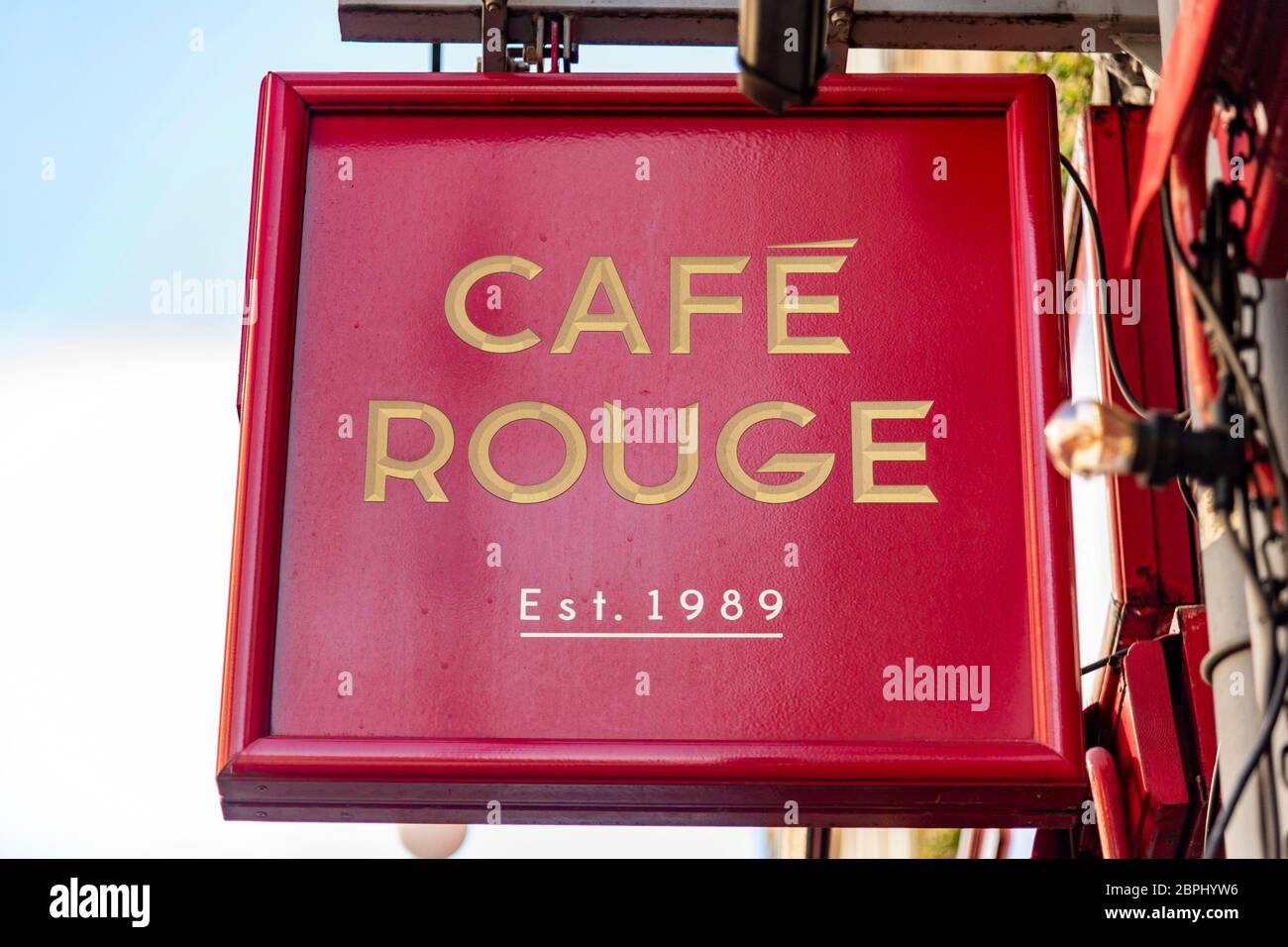 London, UK. 19th May, 2020. French-styled restaurant chain, Café Rouge logo seen at The Wellington, London.The owner of the Bella Italia and Café Rouge restaurant chains has said it is considering administration as the coronavirus crisis pushes the struggling business near to collapse, putting 6,000 jobs at risk. Credit: SOPA Images Limited/Alamy Live News Stock Photo