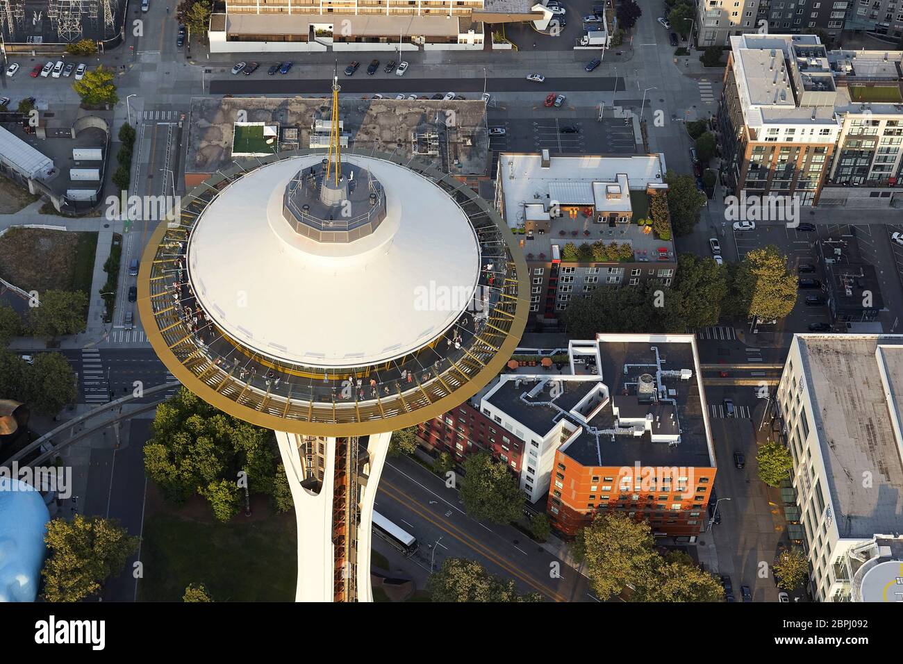 Saucer shaped top house from above. Space Needle, Seattle, United States. Architect: Olson Kundig, 2020. Stock Photo