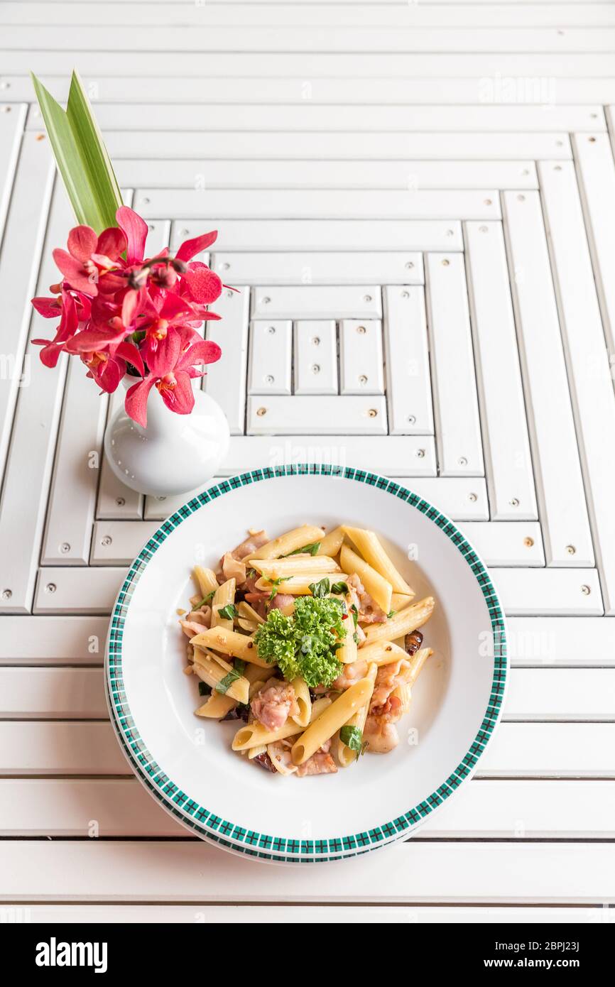 Bacon Aglio olio pasta with garlic and chilli Stock Photo Alamy