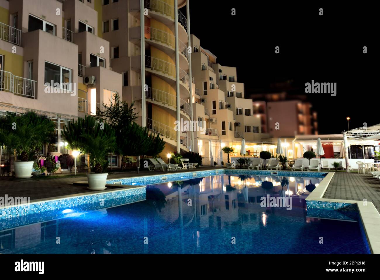Sunny Beach, Bulgaria - 05.05.2020: elegant, comfortable and cozy hotel whit pool near the beach during the summer tourist season in the largest touri Stock Photo