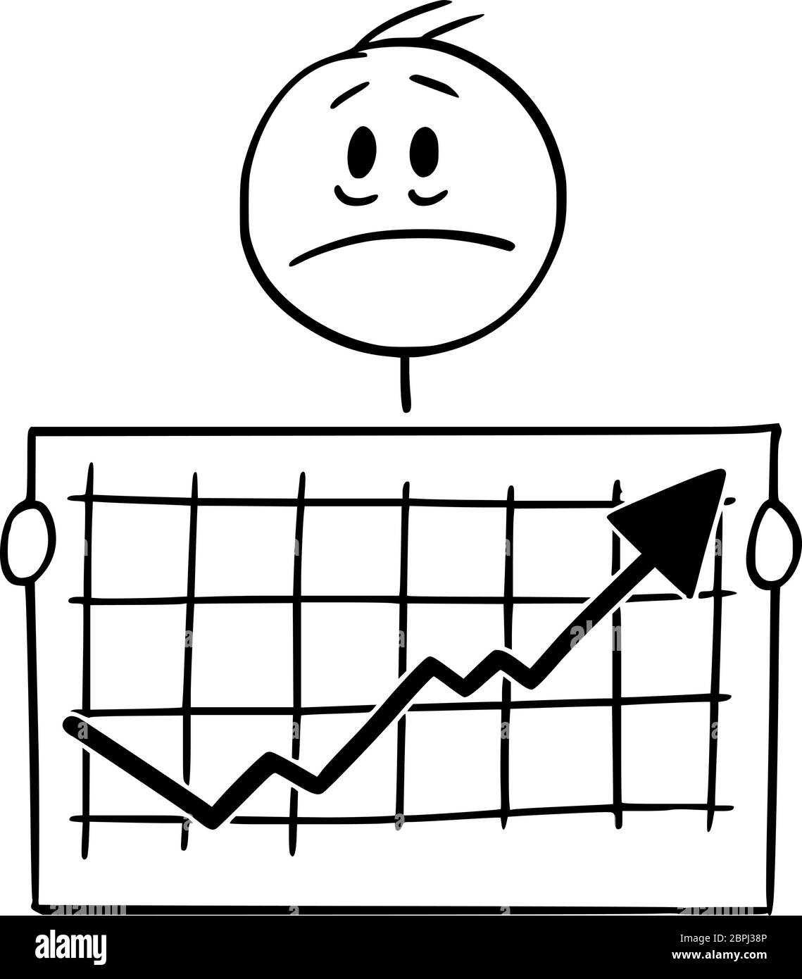 Vector cartoon stick figure drawing conceptual illustration of unhappy frustrated man or businessman holding growing or rising financial chart or graph. Stock Vector