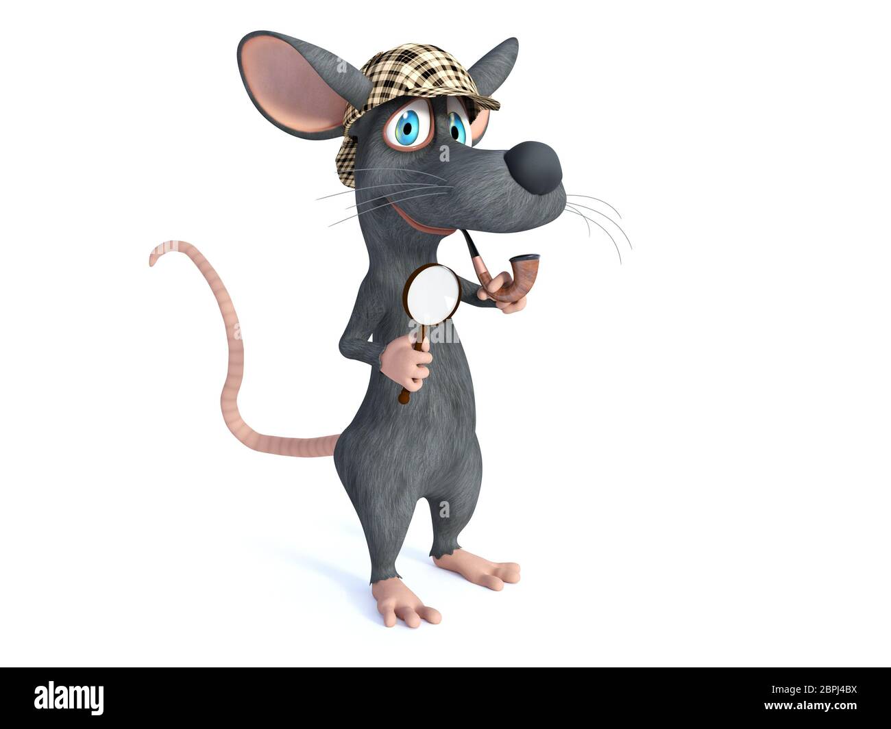 3d Rendering Of A Cute Smiling Cartoon Mouse Holding A Magnifying Glass And Pipe Dressed As Detective Sherlock Holmes White Background Stock Photo Alamy