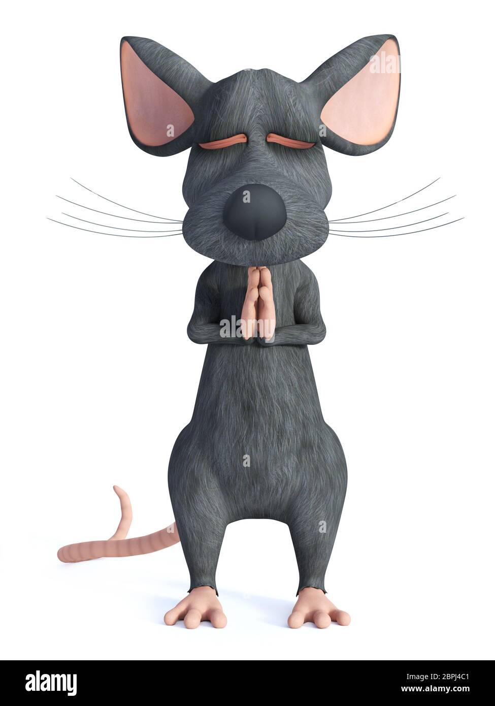 3D rendering of a cartoon mouse standing up doing yoga namaste, Anjali Mudra, or meditating with its eyes closed. White background. Stock Photo