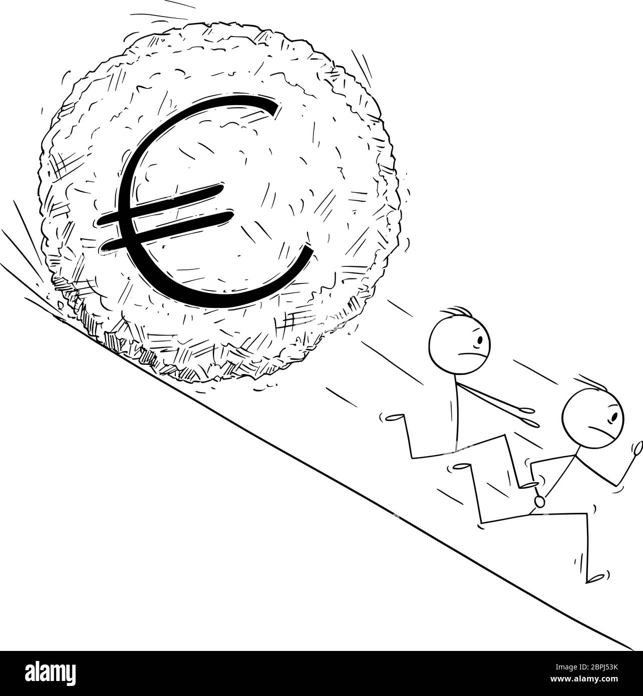 Vector cartoon stick figure drawing conceptual illustration of group of investor or businessmen running away from euro currency symbol boulder rolling down hill. Financial concept. Stock Vector