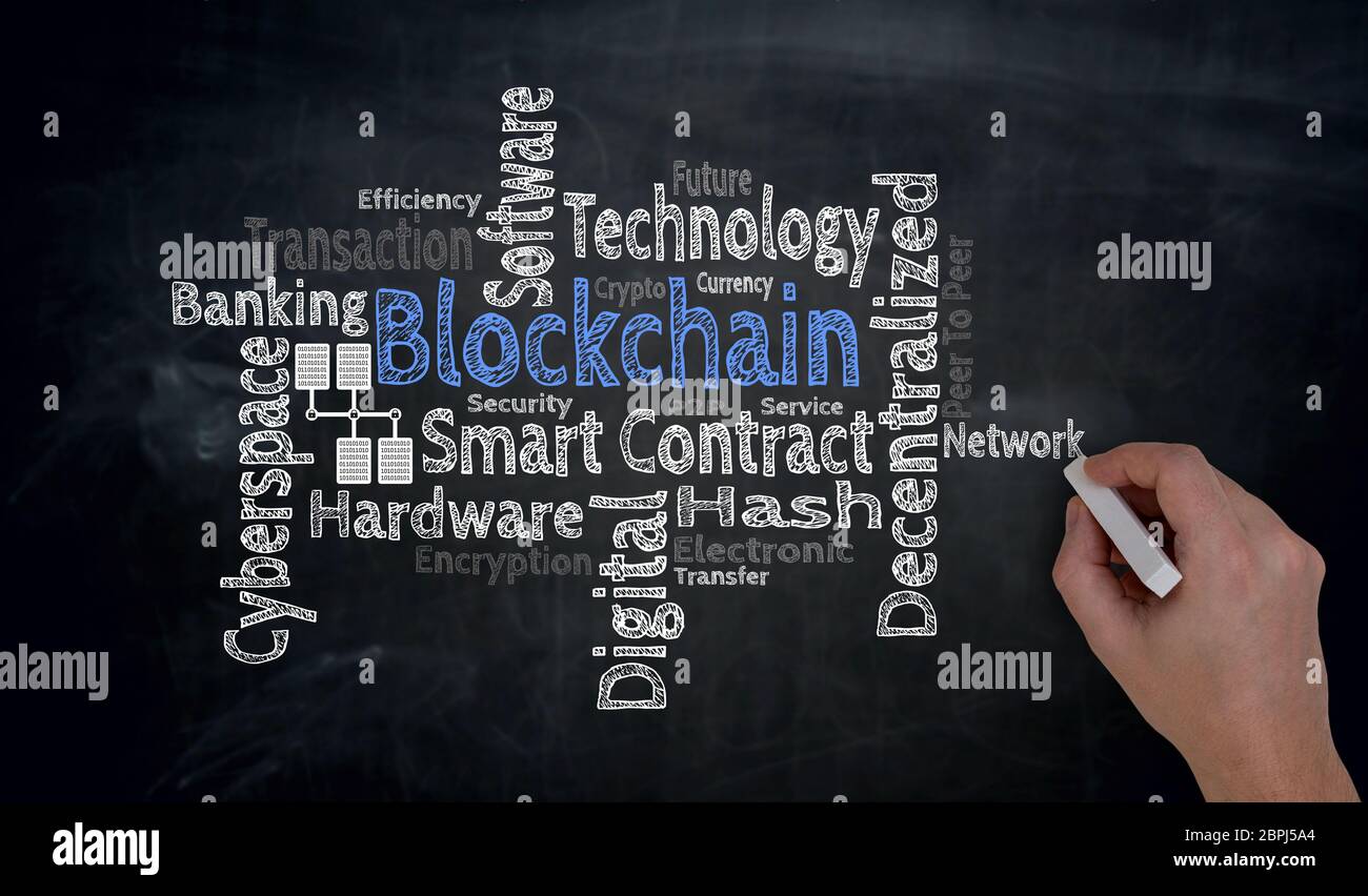 Hand writes Blockchain Cloud on blackboard Concept. Stock Photo