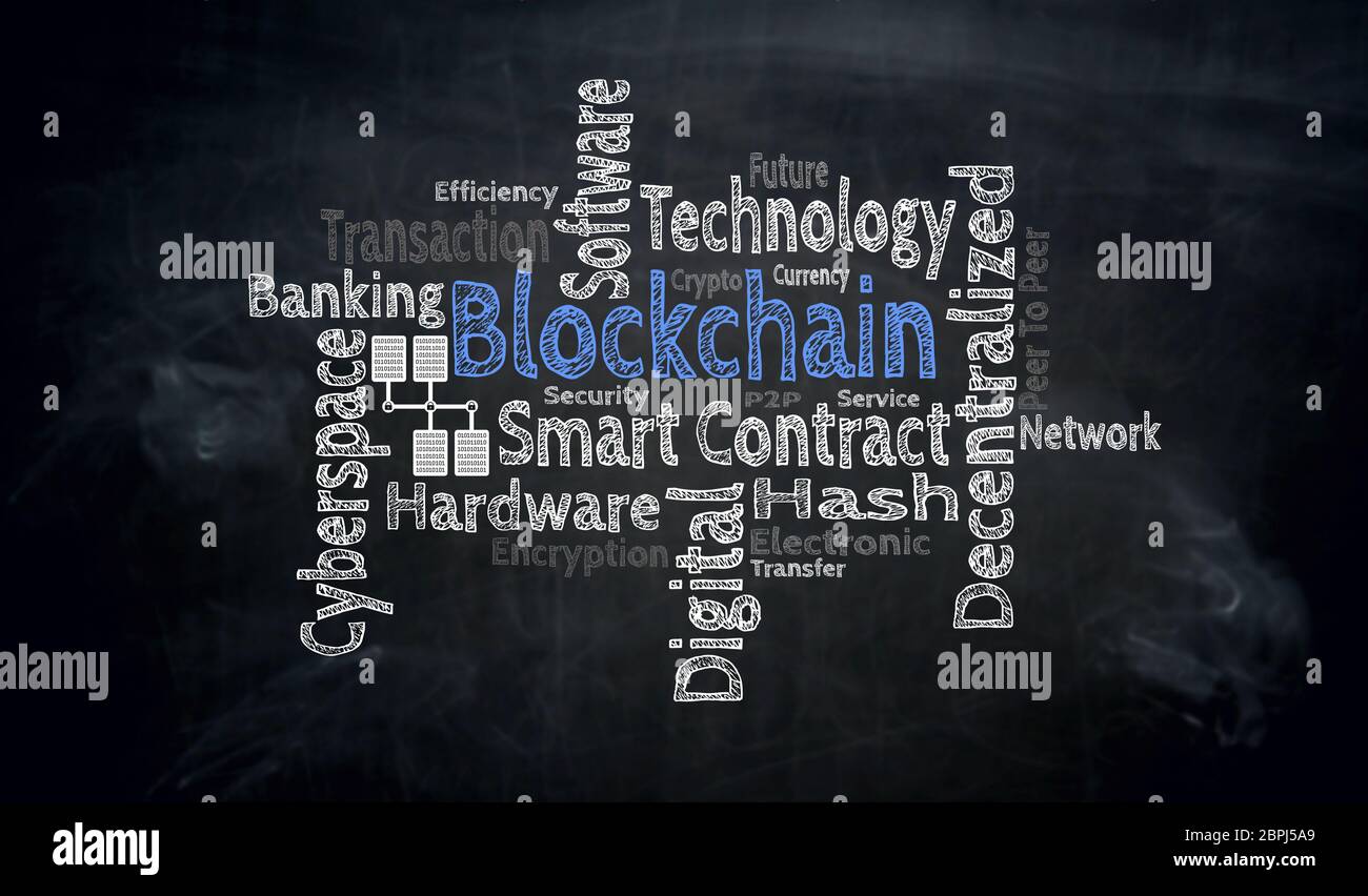 Blockchain wordcloud on blackboard concept. Stock Photo