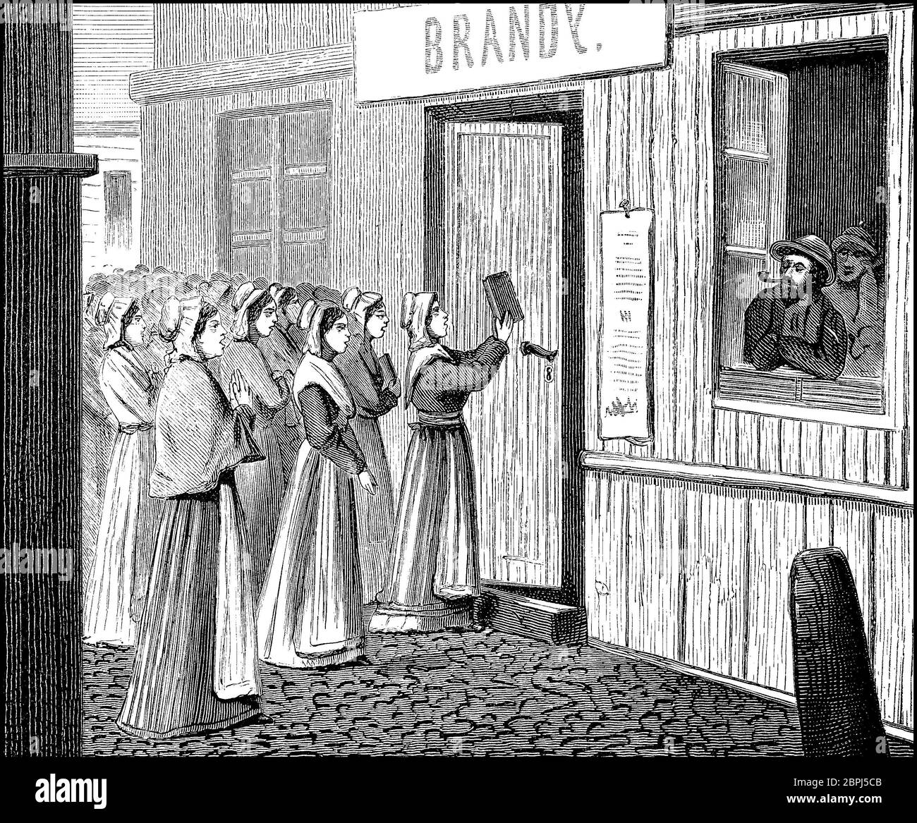 Women Temperenzlerinnen, temperance movement, even Temperanzbewegung, a social movement against the consumption of alcoholic beverages, so outside a bar in America, women in the 19th century  /  Frauen, Temperenzlerinnen, Abstinenzbewegung, auch Temperanzbewegung, eine soziale Bewegung gegen den Genuss alkoholischer Getränke, hier vor einer Bar in Amerika, Frauen im 19. Jahrhundert, Historisch, historical, digital improved reproduction of an original from the 19th century / digitale Reproduktion einer Originalvorlage aus dem 19. Jahrhundert Stock Photo