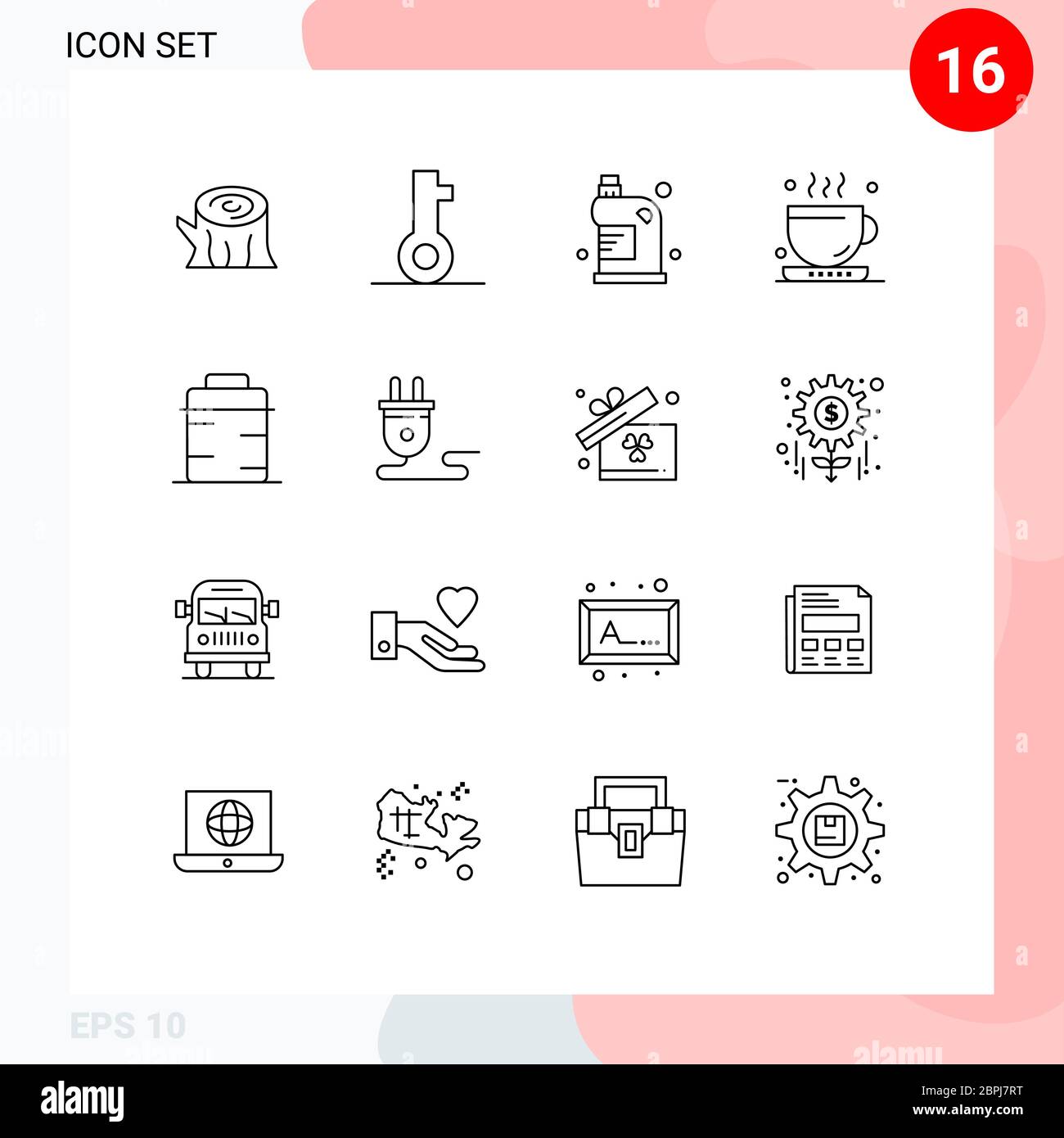 Pack of 16 creative Outlines of pan, office, clean, drink, household Editable Vector Design Elements Stock Vector