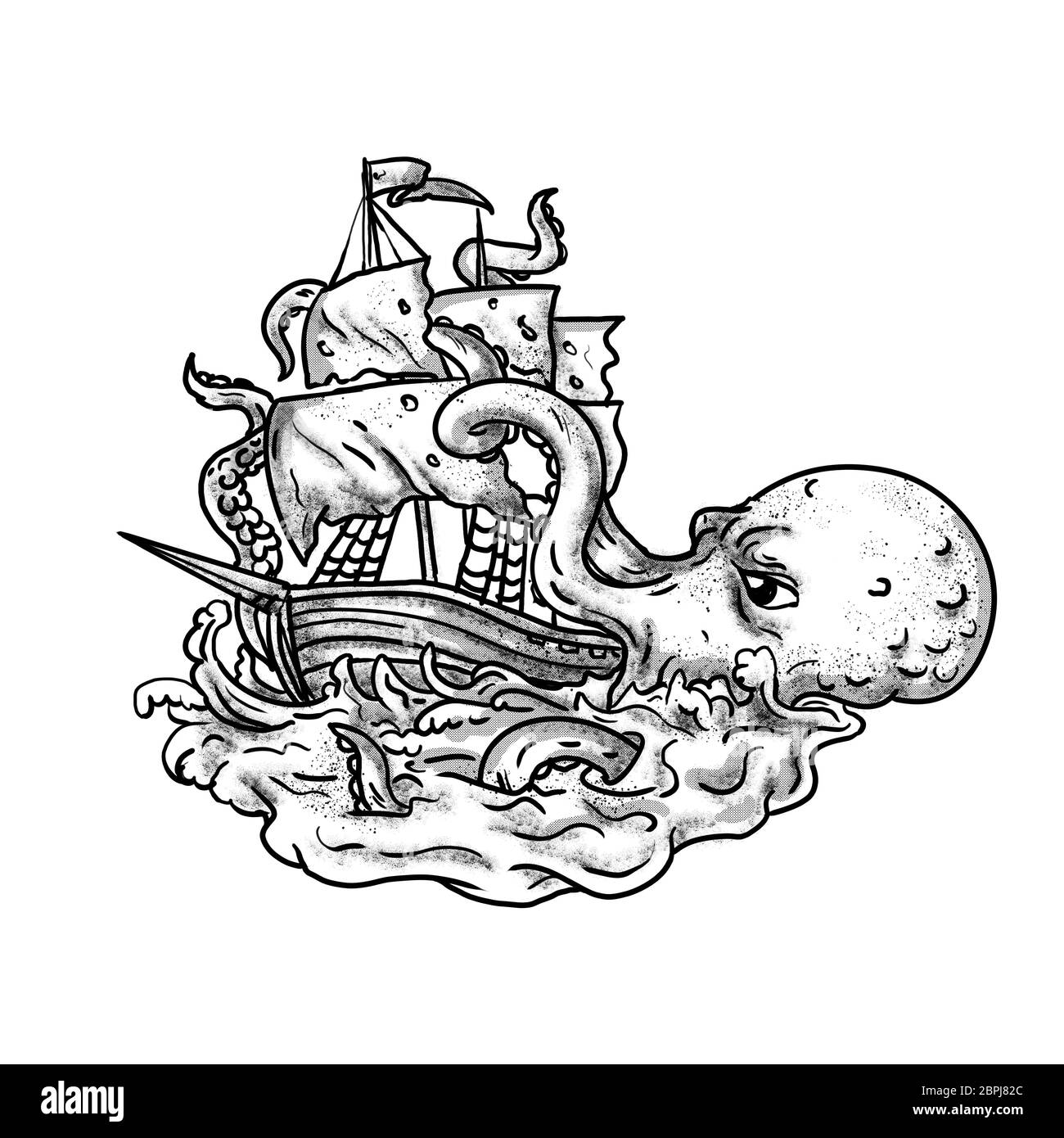 Tattoo style illustration of a kraken, a legendary cephalopod-like giant sea monster attacking a sailing ship with its tentacles on sea with tumultuou Stock Photo