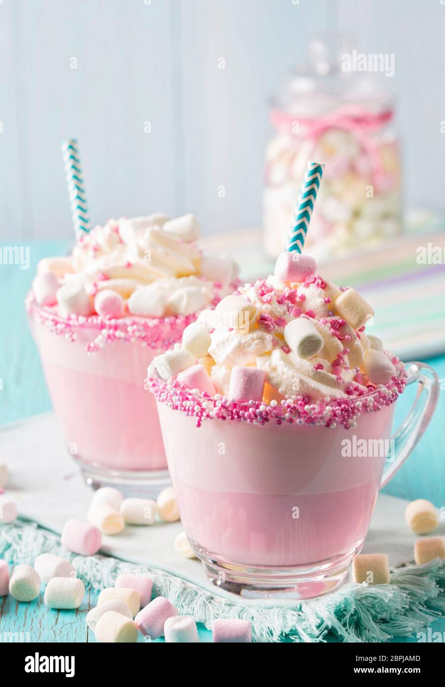 Unicorn hot chokolate and cookies for party Stock Photo