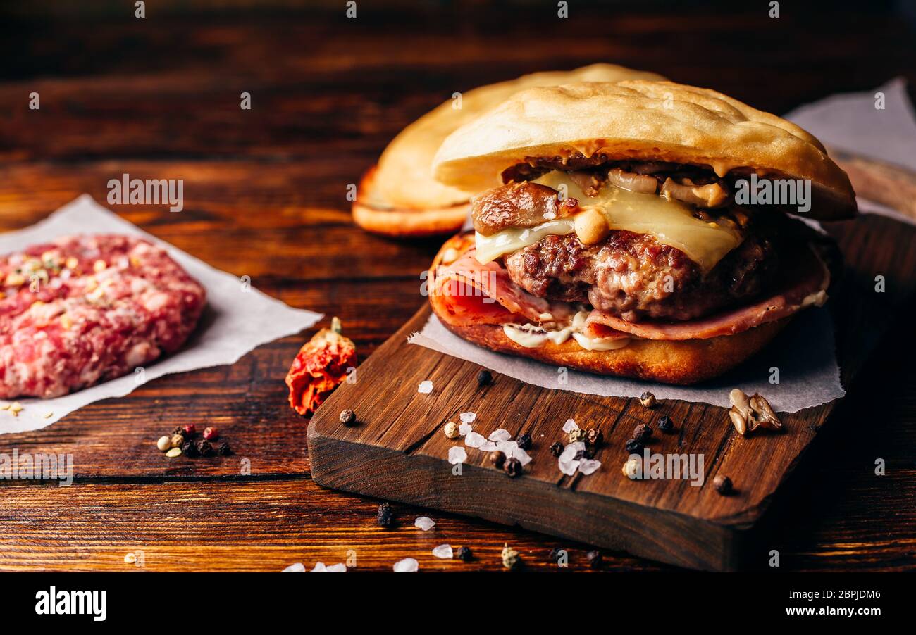 Cheeseburger with Beef Patty, Wisconsin Swiss Cheese, Ham, Sauteed