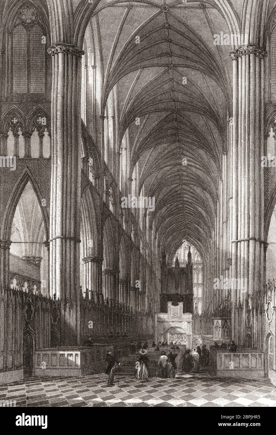 Interior of Westminster Abbey, City of Westminster, London, England, 19th century.  From The History of London: Illustrated by Views in London and Westminster, published c.1838. Stock Photo