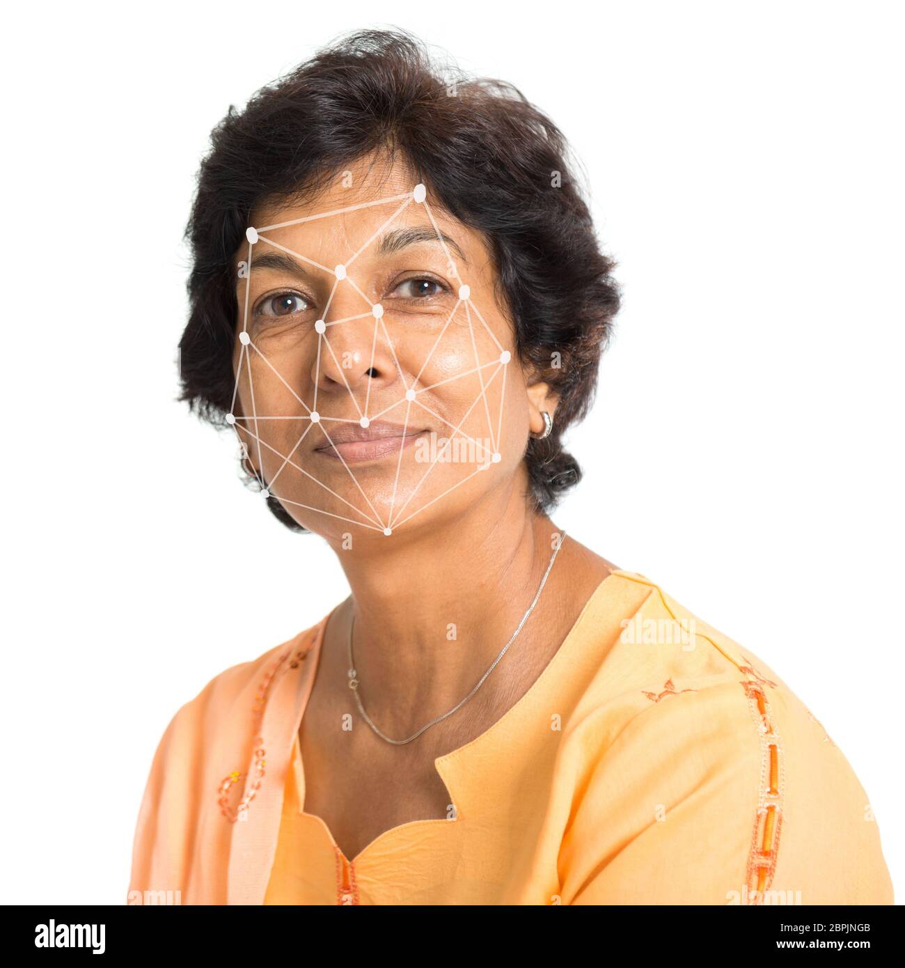 Biometric verification. Human facial detection, high technology. Indian woman face ID scanning
