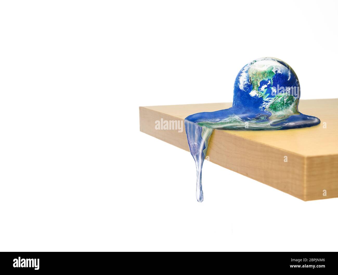 World hot and melting down at the edge of the wood table on white background, Earth day and Environmental damage concept, Elements of this image furni Stock Photo